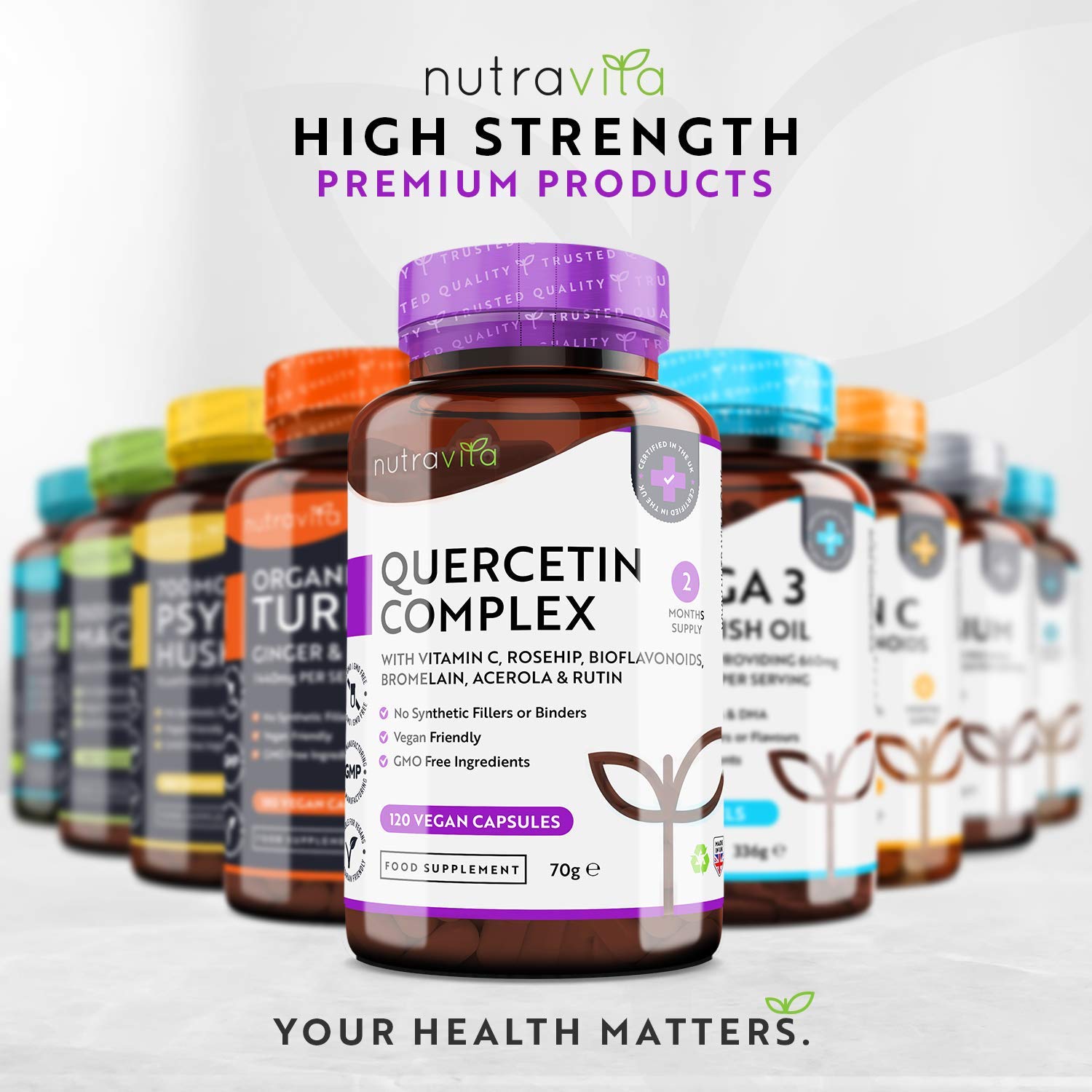 Quercétine 500 mg − 120 gélules vegan - Testé en laboratoire - Mélangées avec Vitamine C 80mg − Naturellement fait à partir d'extrait de fleur de cordage japonais - Dose élevée - Nutravita