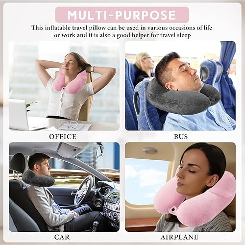 Miniatura 7 de Sintuff Paquete de 2 almohadas inflables de viaje para aviones, almohadas inflables para vuelos de cuello con bolsa compacta y venda para los ojos,