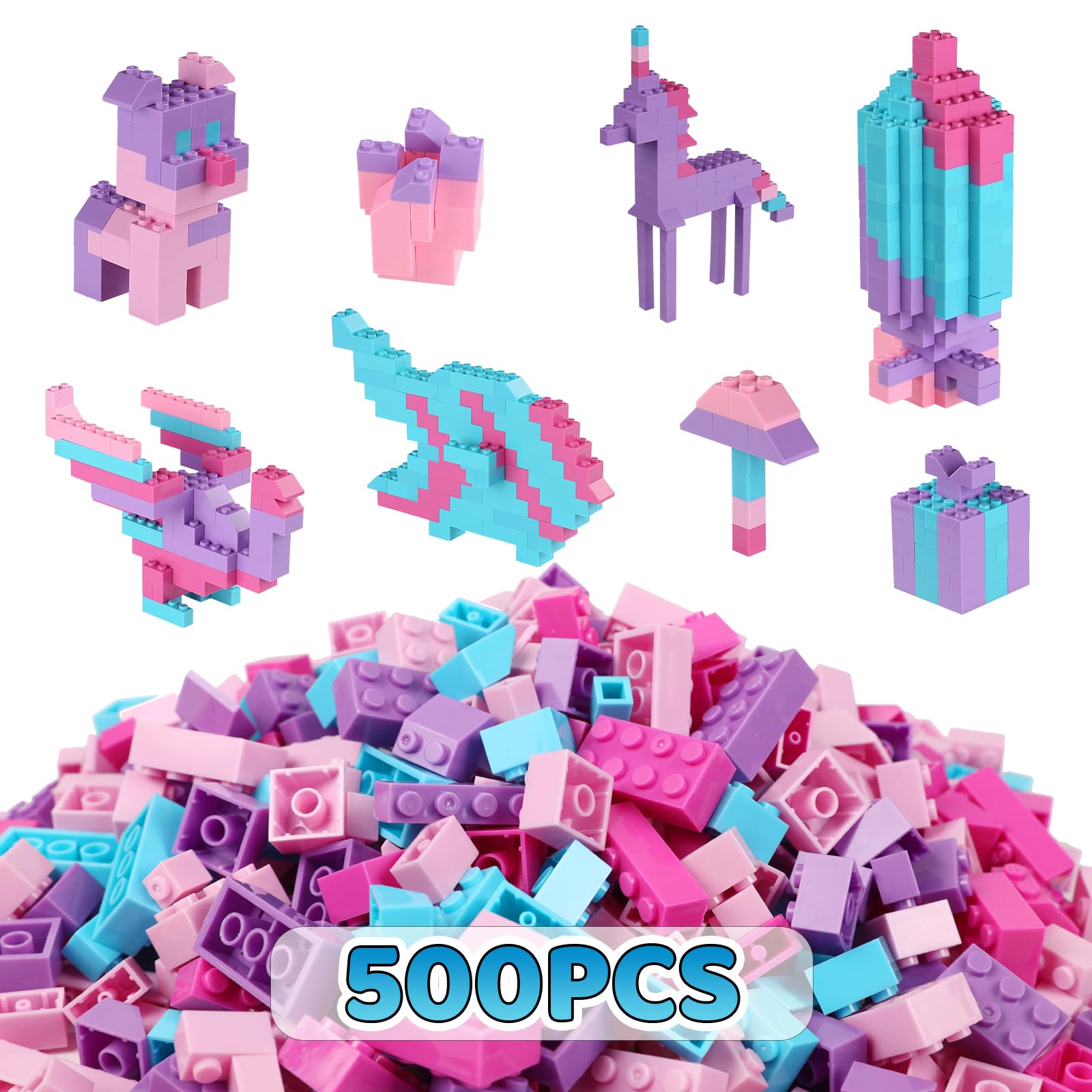 Building Bricks 500PCS Set, Classic Building Brick Sets, Pink Building Blocks Toys For Girls, Compatible with Lego, Girls Pastel, Birthday for Kids (500PCS Pink-Purple)