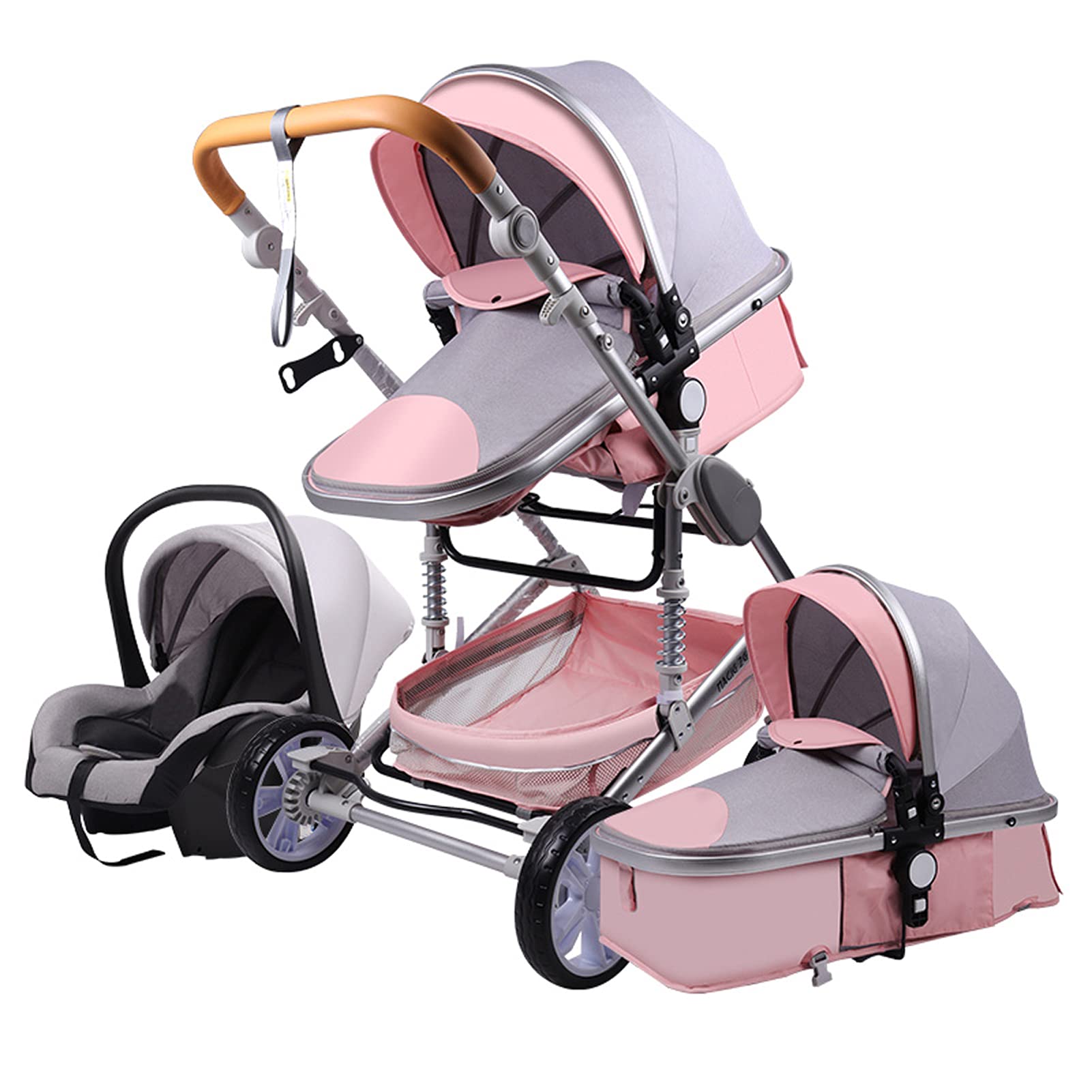 Magic ZC Kinderwagen 2 in 1, Kombikinderwagen Komplettset mit Umkehrbarem Zwei-Wege-Schub, Buggy mit Zubehör Hohe Landschaft, Faltbarem Tragbarem One-Click-Design (3 in 1 739 Pink Grey)