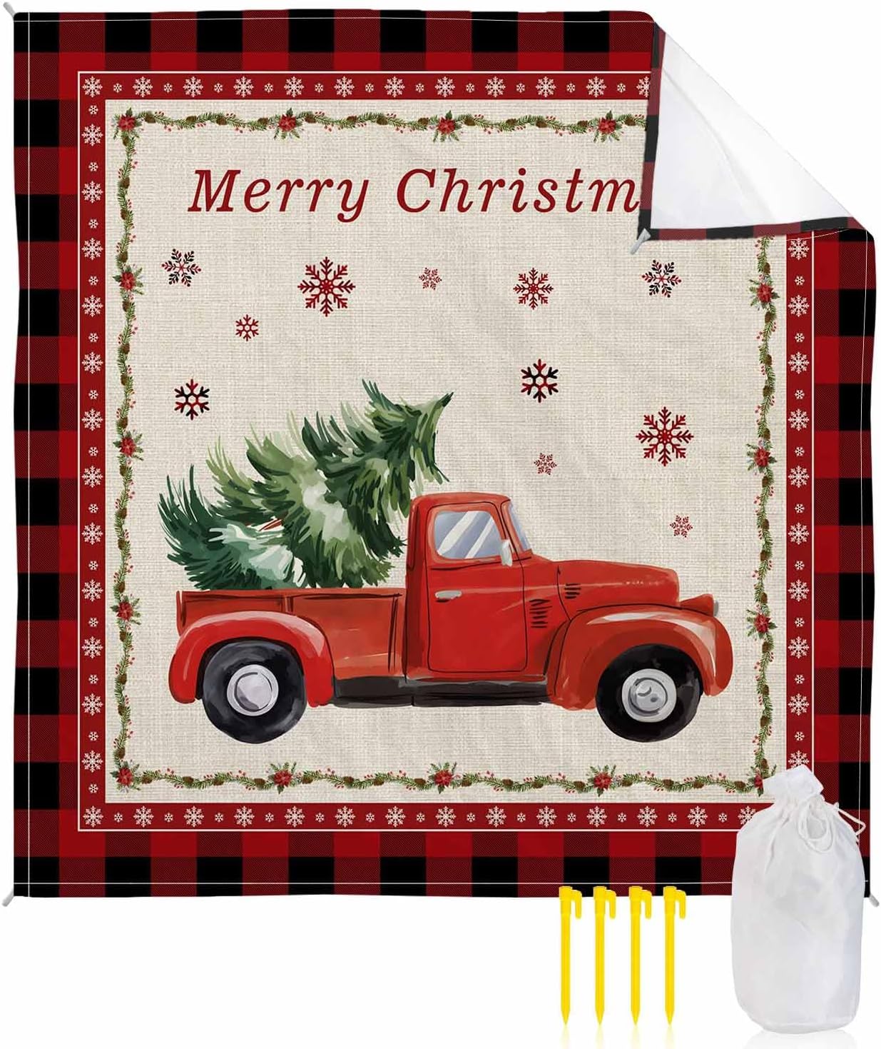 Beach Blanket, Merry Christmas Vintage Red Truck Pull Green Tree Beach Mat 95"x80" Large Picnic Blanket,Sandproof Waterproof Outdoor Beach Blankets for Travel Camping Hiking Beach Vacation