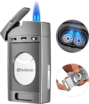 Torch Lighter with Cutter,FANKAI Cigar Lighter Double Jet Flame Refillable Butane Lighter 2 in 1 Windproof Lighters for Smoking Cigar Accessories W/Gift Box Butane Not Included