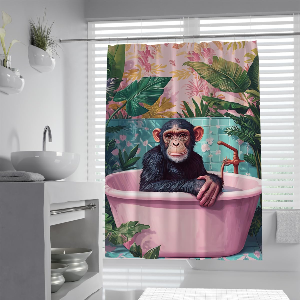 Uiringart Shower Curtains Humorous Ape Shower Curtain W100xl200cm Botanical Banana Leaf Hibiscus Flower Background Anti-Mould Waterproof Fabrics Bath Curtains For Walk-In Shower With Hooks