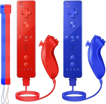Wii Controller 2 Pack, Wii Remote Controller and Nunchuck Joystick with Silicone Case and Wrist Strap for Holiday Red and Dark Blue