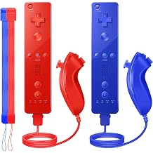 Wii Controller 2 Pack, Wii Remote Controller and Nunchuck Joystick with Silicone Case and Wrist Strap for Holiday Red and Dark Blue