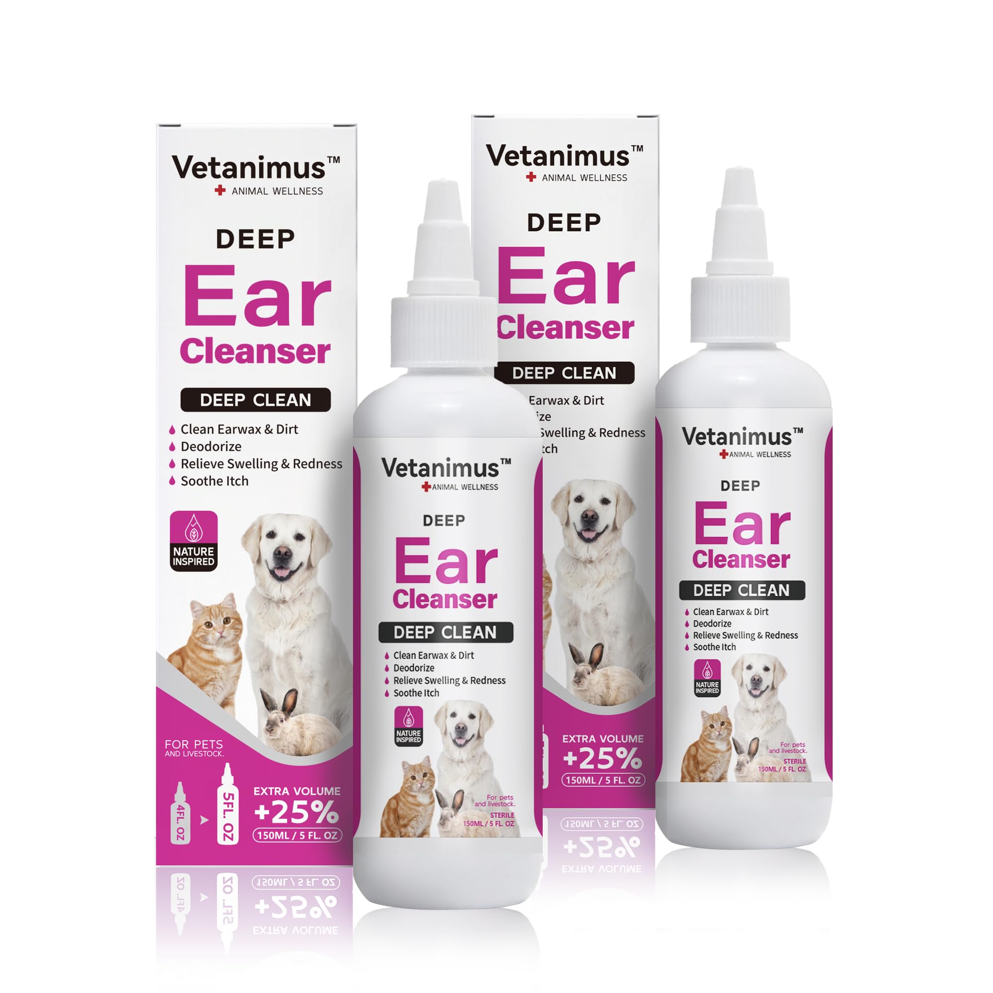 Ear Cleanser 150ml/5 fl.oz for Dogs Cats and Livestock Gentle Cleansing and Soothing Ears 2 Bottle Set