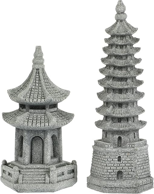 Happyyami 2Pcs Mini Pagoda Statue Zen Miniature Pagoda Hexagon Figurine DIY Micro Landscape Fairy Garden Dollhouse Ornaments