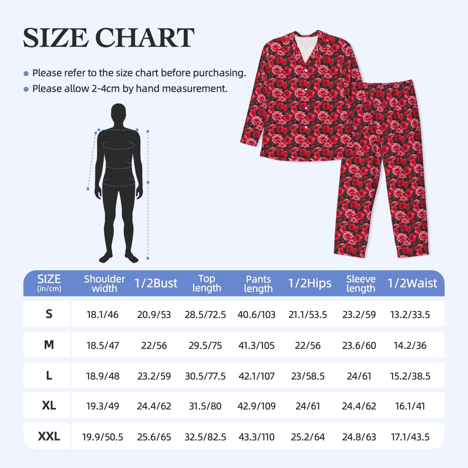 Herren-Pyjama-Set, langärmelig, Rot, Rosa, Blumendruck, zweiteilig, Hauskleidung, bequeme Nachtwäsche