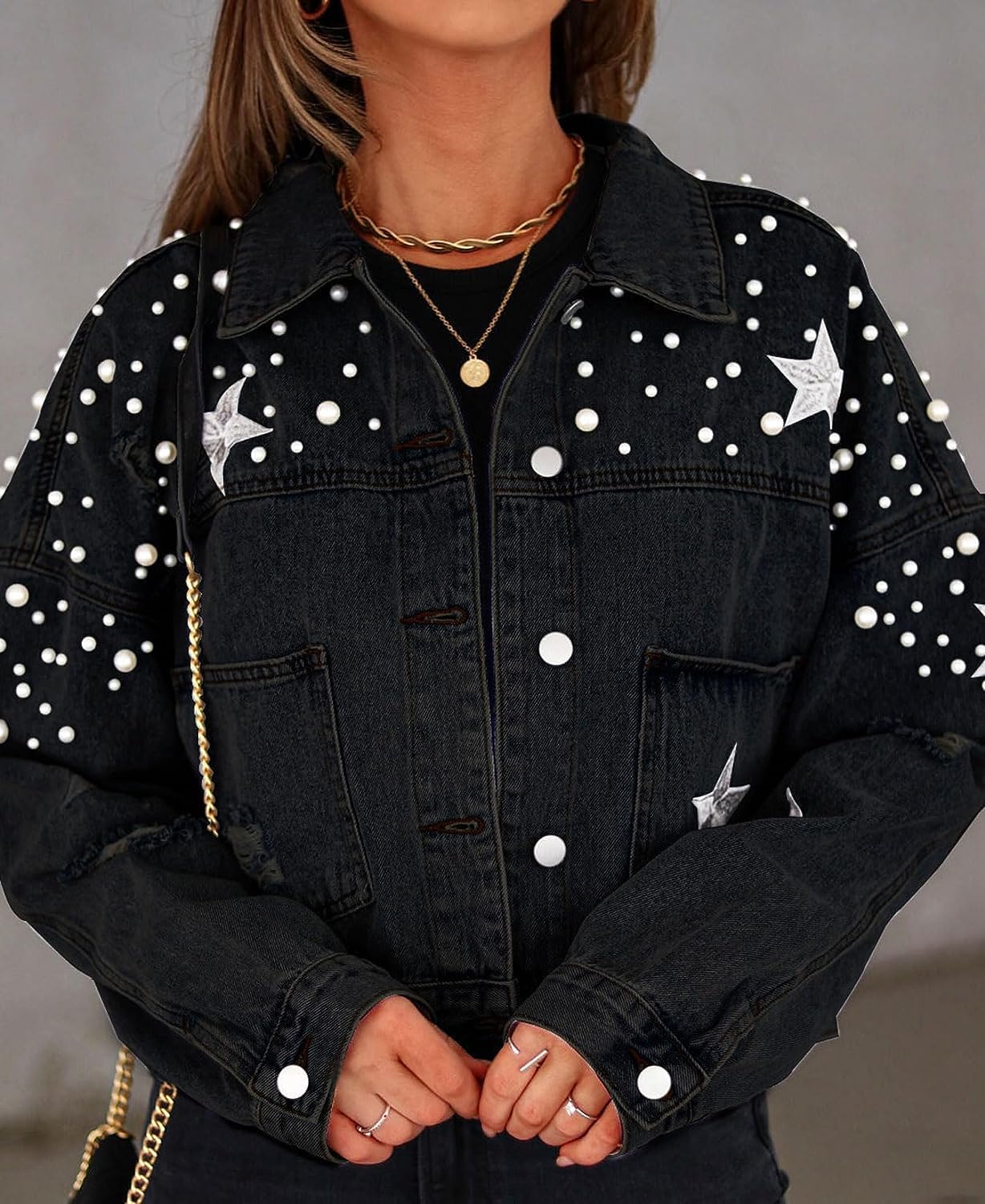 Chaqueta Vaquera Oversize con Abalorios para Mujer Chaqueta Vaquera de Manga Larga con Estrellas Bordadas Chaqueta Vaquera de Abalorios con Estrellas Bordadas