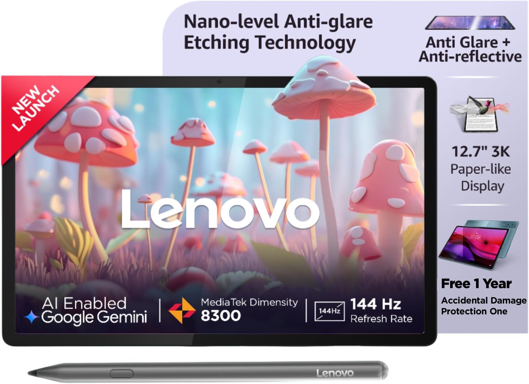 Lenovo Idea Tab Pro with Paper-Like Anti Glare 12.7" 3K 144 Hz Display & Pen Plus (Matte Edition)| 8GB RAM, 256GB ROM|10200 mAh with 45 W Charger|MediaTek Dimensity 8300|4 JBL Speakers |1Year ADP Free