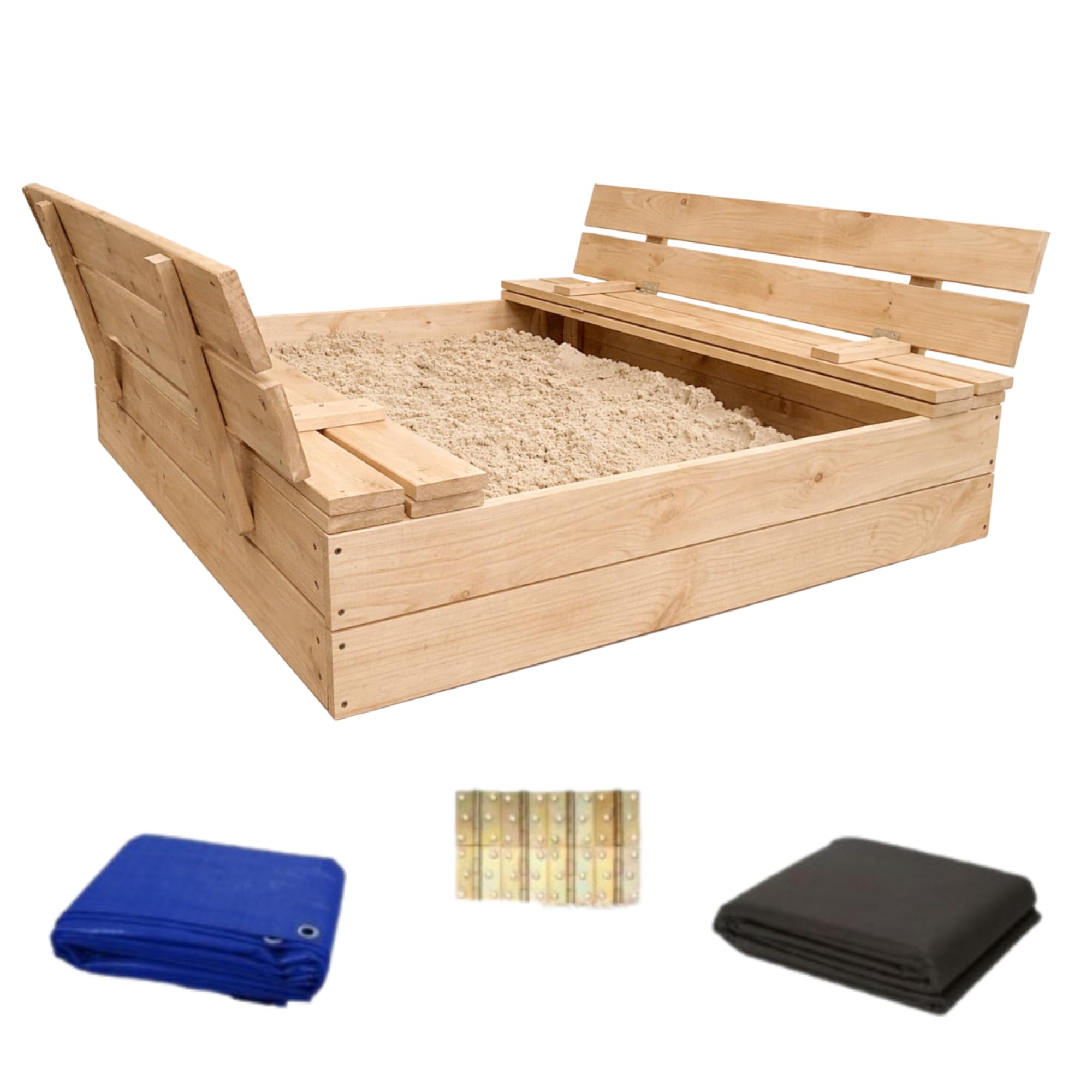 Sandkasten mit Abdeckung - 120 x 120 cm - Sandkasten Holz mit Deckel & Sitzbänken - Gartenspielzeug für Kinder - Sandkiste Imprägniert - Sandbox - Naturholz