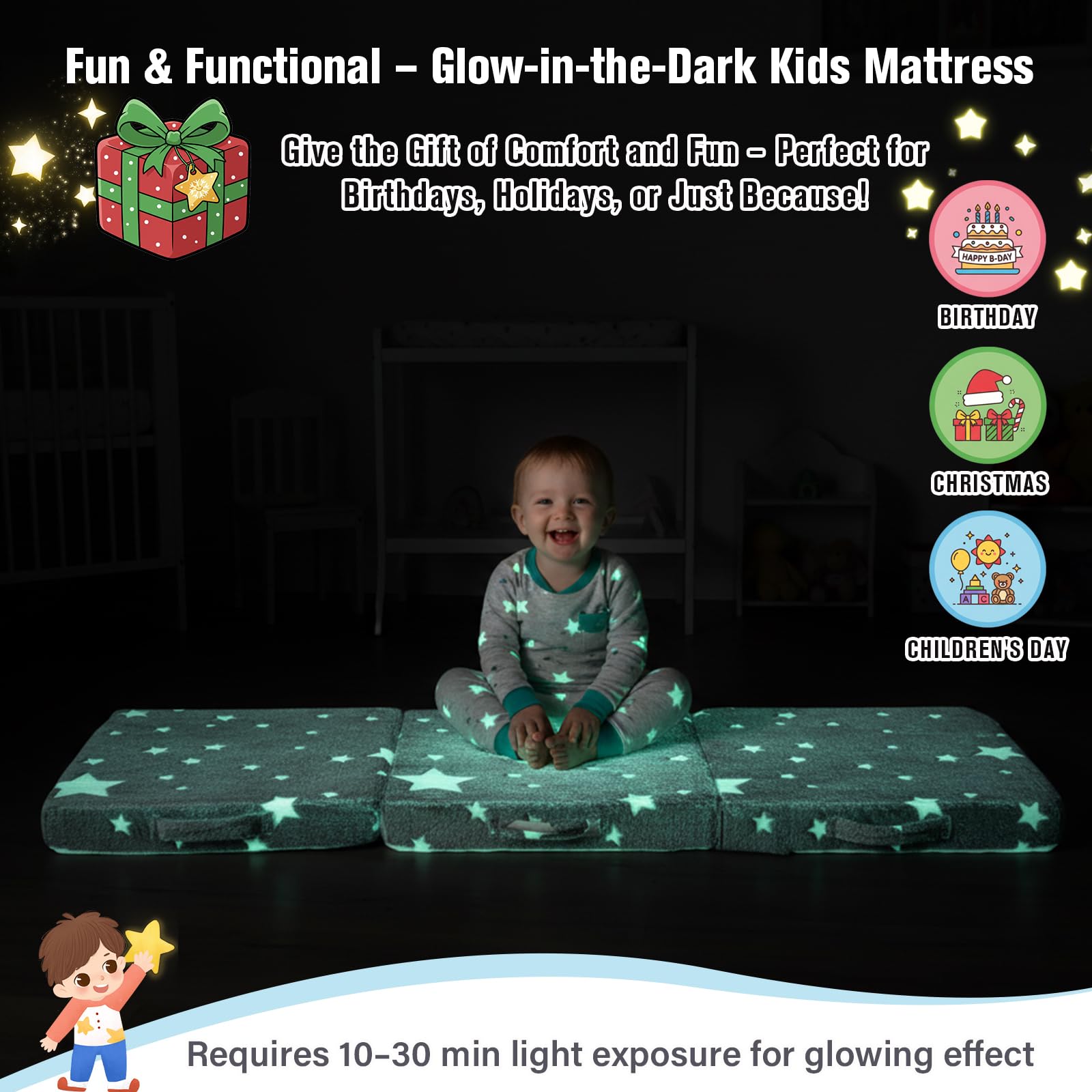 Tiita Trifold Bodenmatratze für Kinder, 145 x 56 x 8 cm Glow in The Dark Baby Kinder Futon mit abnehmbarem Bezug, Portable Schaumstoff Kleinkind Nap Matte mit Aufbewahrungstasche, Grey Star