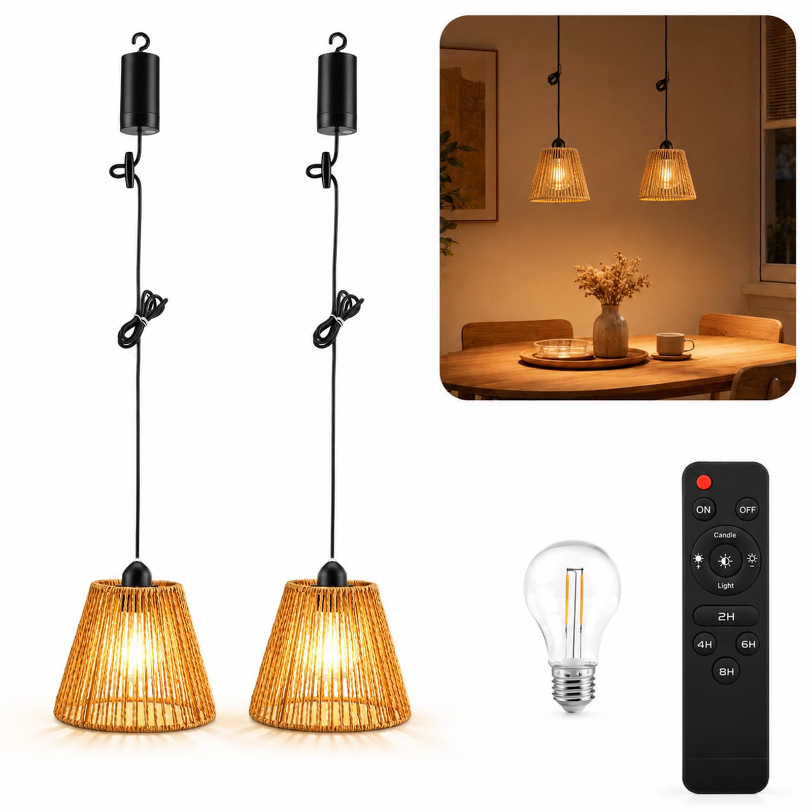 2Pcs Battery Powered Outdoor Pendant Lights,Portable Rattan Pendant Lights Outdoor Hanging Chandeliers with Remote Control & Timer,Rattan Boho Dimmable Ceiling Light for Gazebo Porch Patio Decor
