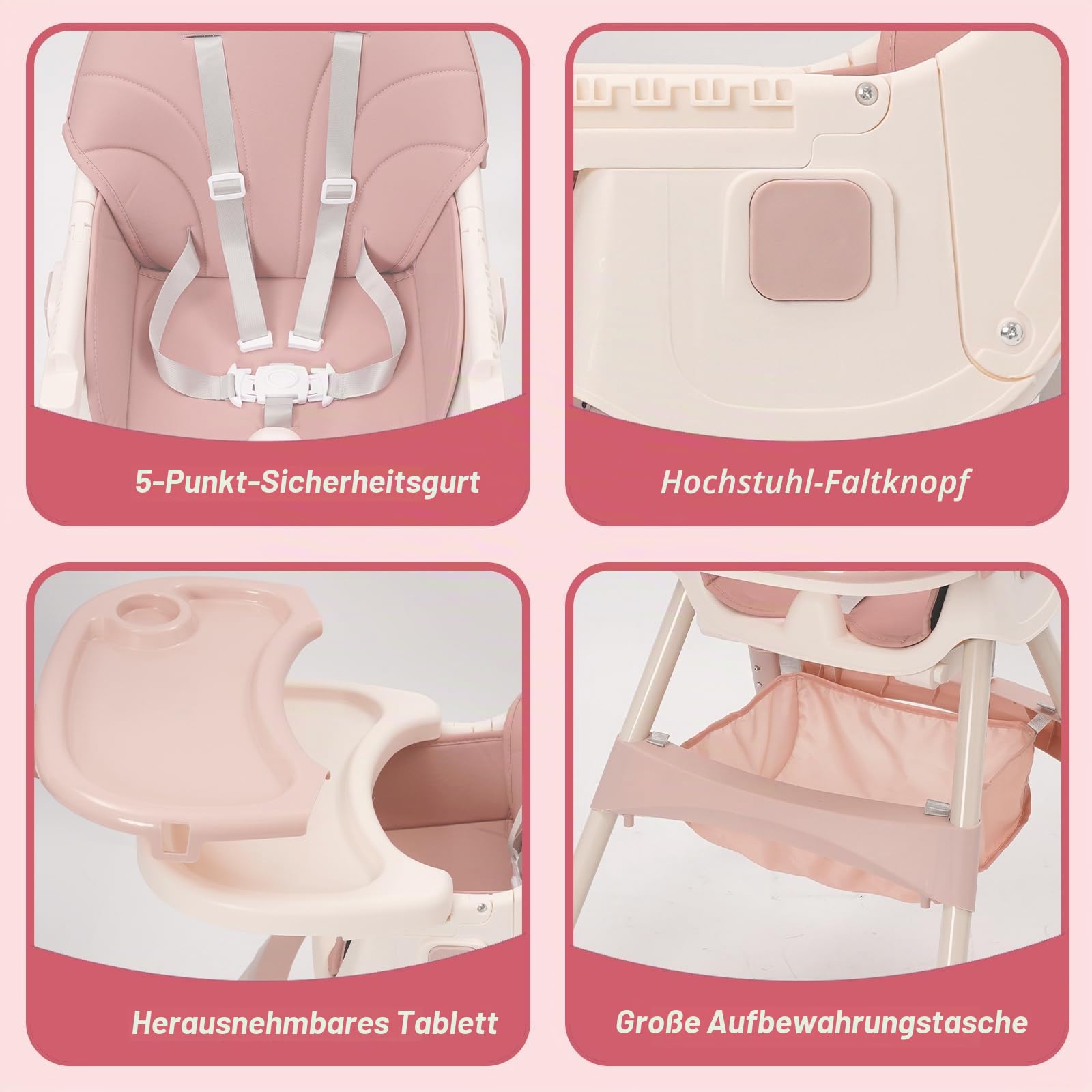 Hochstuhl Baby 3 in 1 Babystuhl Kinderhochstuhl Verstellbar Klappbar Kinderstuhl mit Doppellagigem Abnehmbares Essteller, 3 Position Rückenlehne, 5-Punkt-Sicherheitsgurt, Mitwachsend ab 6 Monate, Rosa