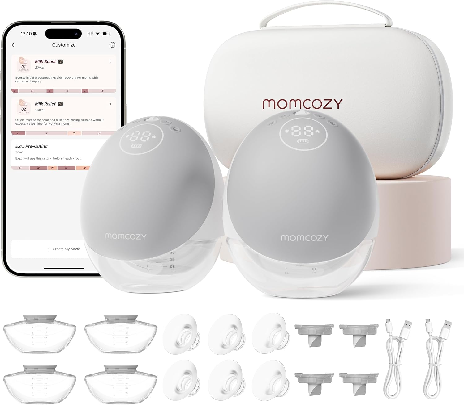 Momcozy Sacaleches Manos Libres Mobile Flow | M9 Mejorado, Eléctrico y Controlado por App, Múltiples Modos & 15 Niveles, Sacaleches Portátil, 24 mm (2, Gris)
