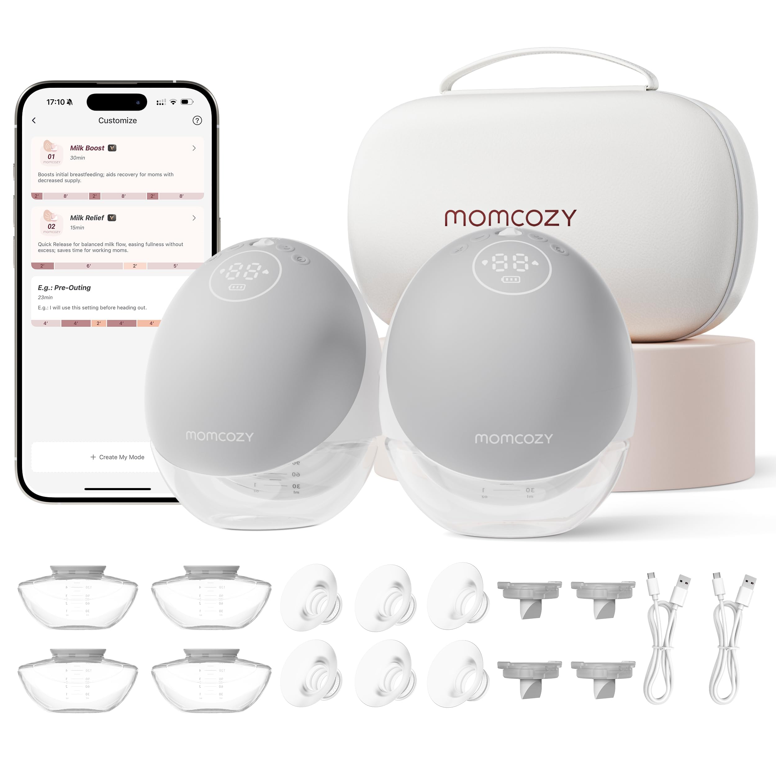 Momcozy Mobilny laktator do mleka bez użycia rąk, M9, sterowanie elektryczne i aplikacja, spersonalizowany multi-tryby i 15 stopni, przenośna pompka, 24 mm