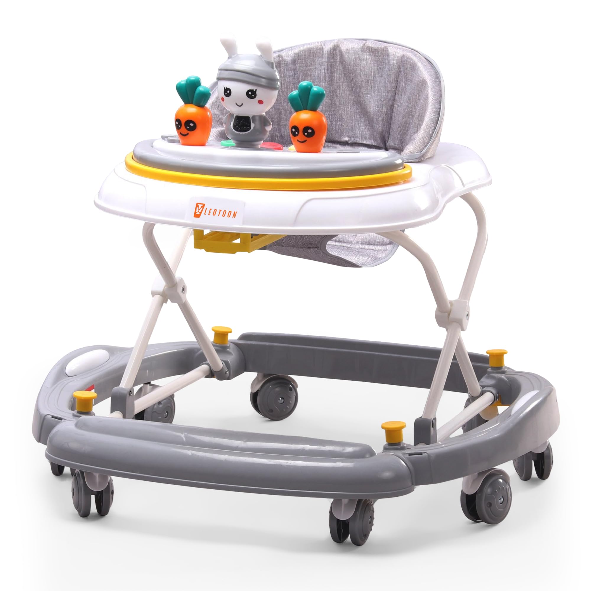 2-in-1 Squishy Baby Walker Cum Rocker | 3 Level Height | 4 Level Seat | Musical Tray | Anti-Fall | Anti-Skid | Oxford Seat | 8 Multi-Directional Wheels | Rectangular Base | Safe | Rocking Function | BIS Certified | (Grey) (6-24 Months)