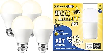 Miracle LED Yellow Bug Light MAX - Replaces 100W - A19 Outdoor Bulb for Porch and Patio - 4 Pack (607464), 12 watts
