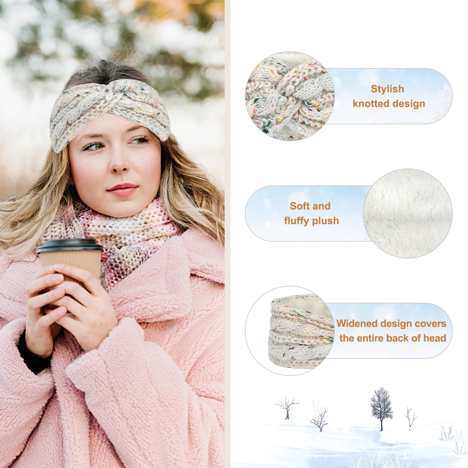 CAVETEE Headbands, 2 Pieces Winter Hairbands for Women - Warm Wool Ear Muffs, Crochet Headbands for Women, Elastic for Women Girls