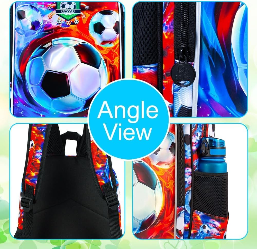 17" Soccer Backpack for Boy, 3Pcs Football School Backpacks with Lunch Box, Kids Bookbag for Elementary Preschool Kindergarten(Ice and Fire) - Image 6