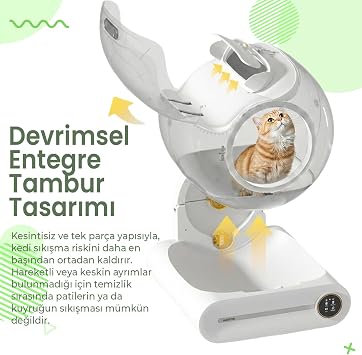 Haustier BF01 Akıllı Otomatik Kedi Tuvaleti, Uzaktan Kontrol, 65lt Hazne, 9lt Çöp haznesi-UV Kötü Koku Temizleme, Ağırlık sensörlü Beyaz + 45 Adet Çöp Torbası, Beyaz