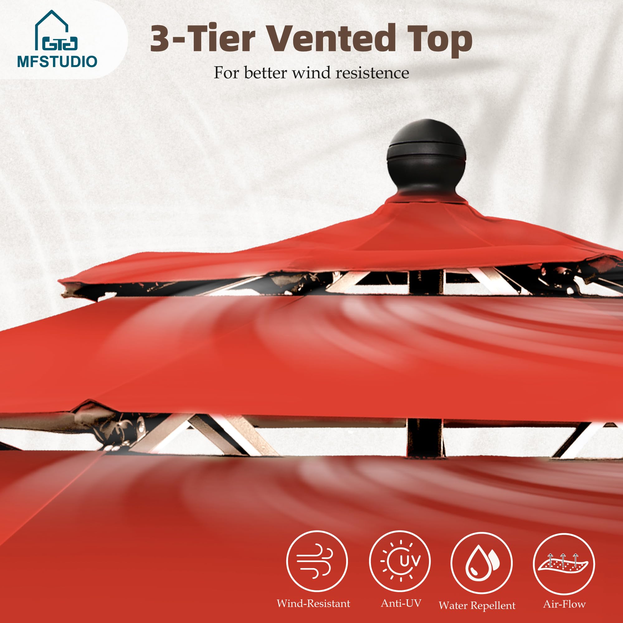 MFSTUDIO 10ft 3 Tier Patio Outdoor Umbrella, Market Table Sun Shade Umbrellas for Backyard Deck Poolside, Auto-tilt, Red