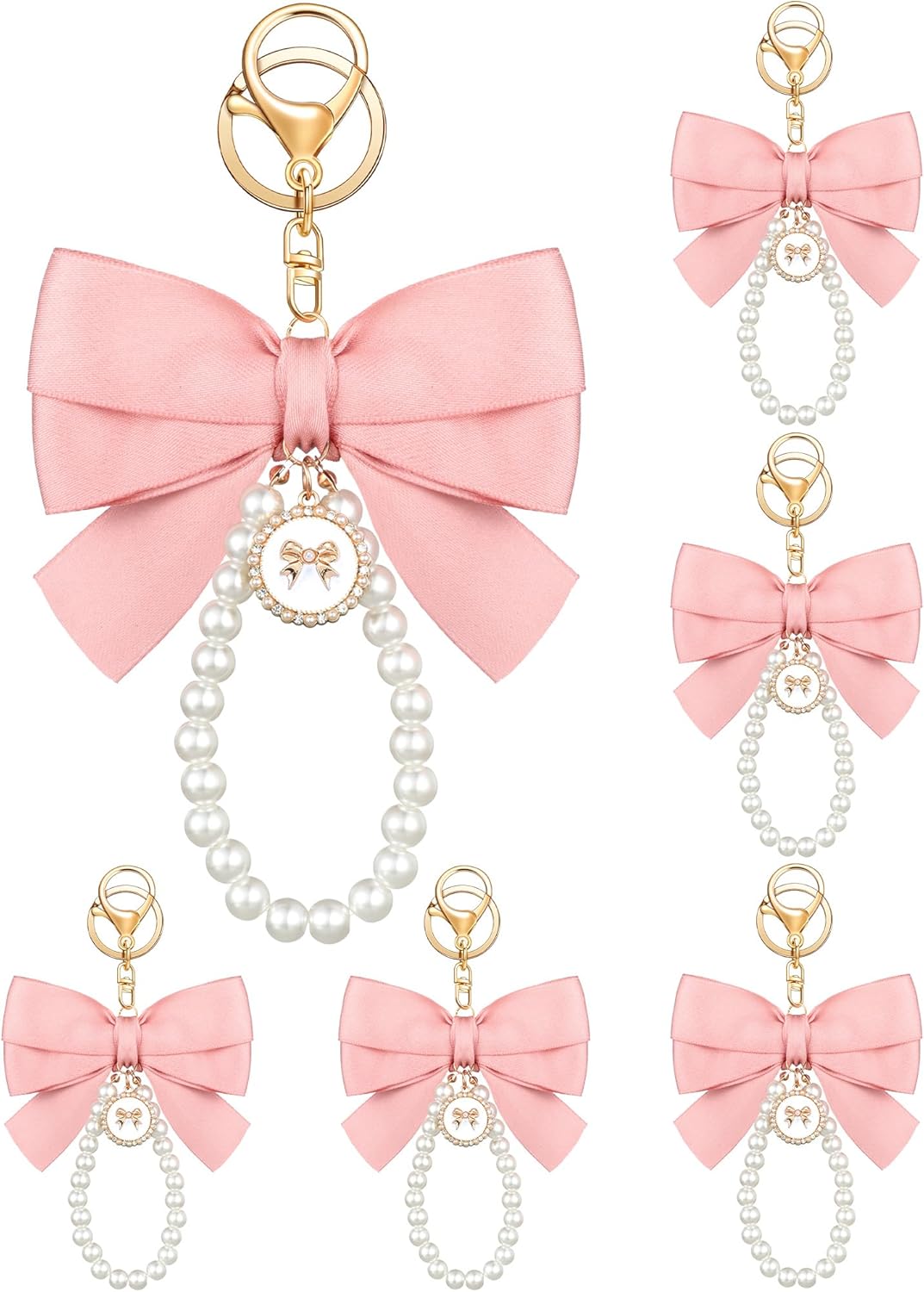Sureio Pink Bow Keychain Coquette Pearl Bowknot Keyring Bulk Wristlet Keychain Vintage Ribbon Purse Charm for Women Handbags