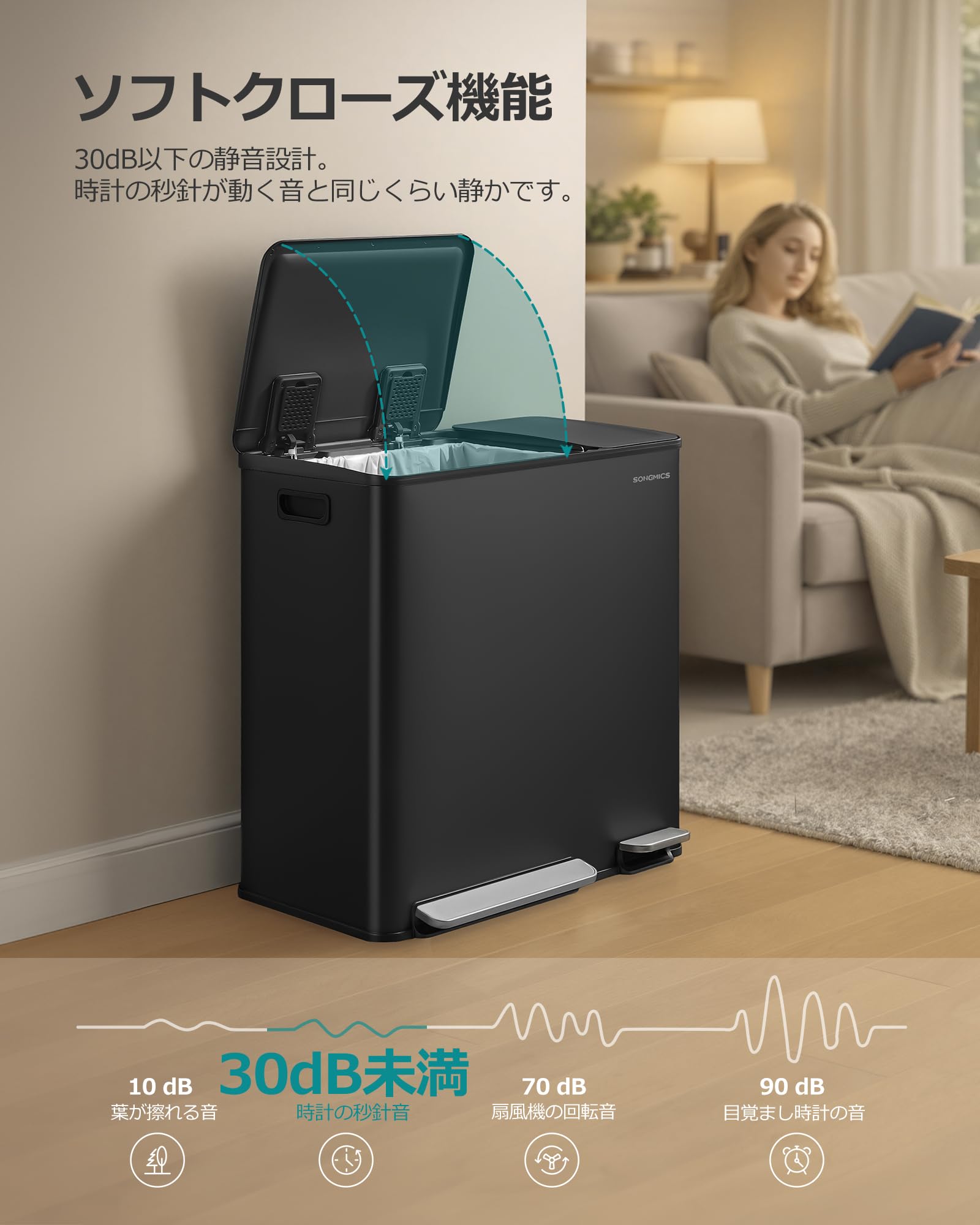 Amazon.co.jp: SONGMICS ゴミ箱 分別 2連 50L+20L 横型ダストボックス