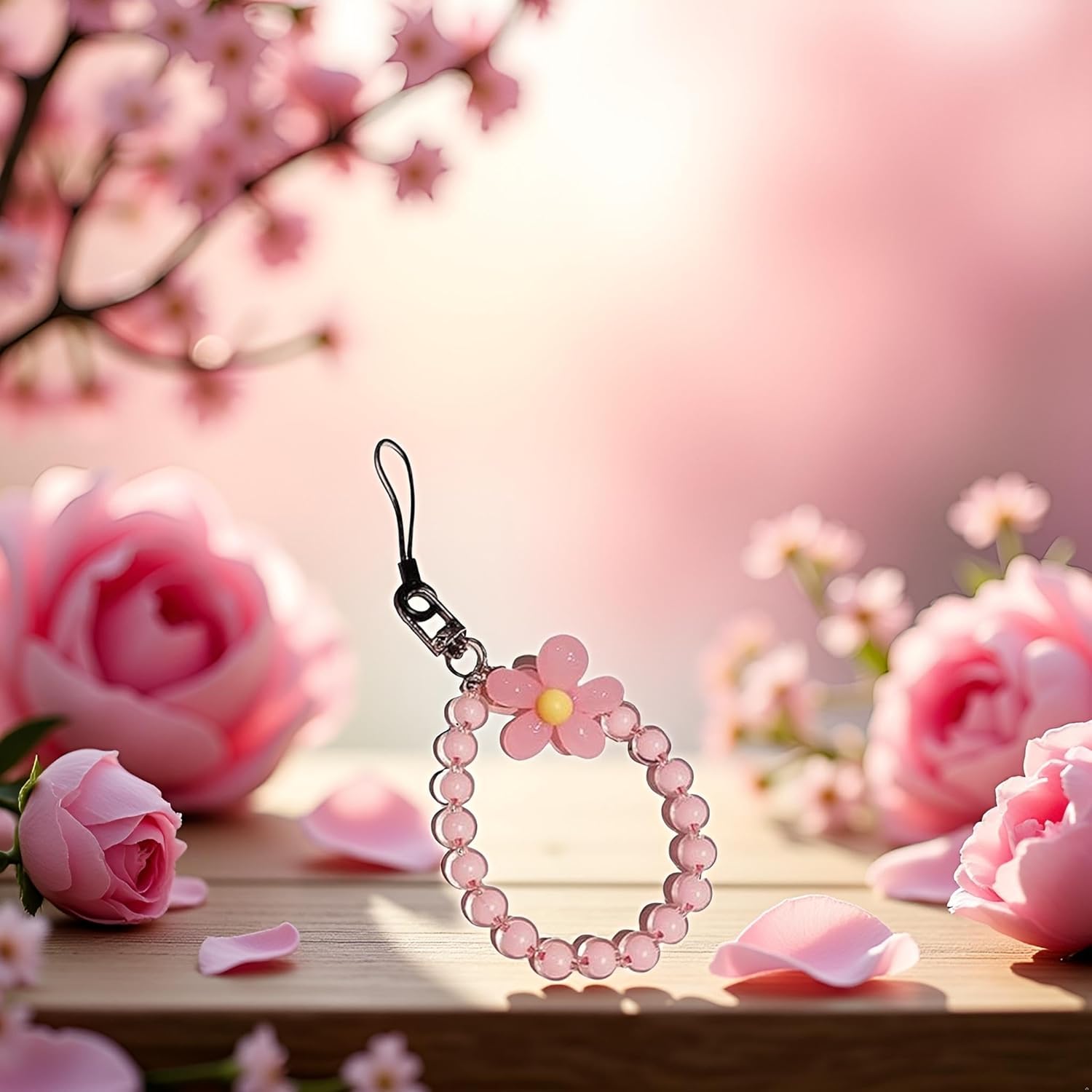 Pink Mobile Phone Strap Beaded Flower Bracelet Creative Hanging Rope Keychain Mobile Lanyard Beaded Flower Anti-Lost Case Lanyard Wrist Strap Cell Phone Charms Accessories, Car Keychain, 1,