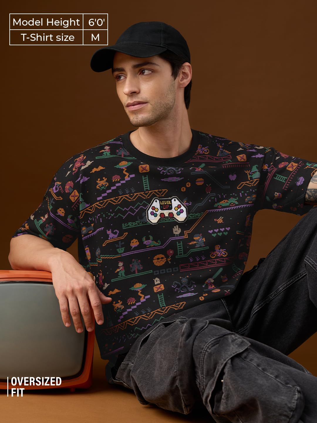 The Souled Store Camiseta de gran tamaño: Level-Up hombres y niños, manga corta, cuello redondo, estampado gráfico negro, hombros caídos, estampado de videojuegos, camiseta informal de algodón de gran