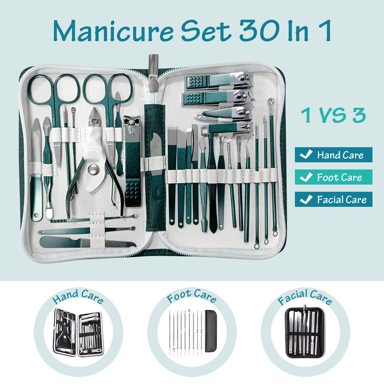 Juego de manicura profesional para cortaúñas y pedicura, 30 piezas de acero inoxidable para el cuidado de las uñas, kit de aseo con lujosa funda de cuero de viaje para hombres y mujeres