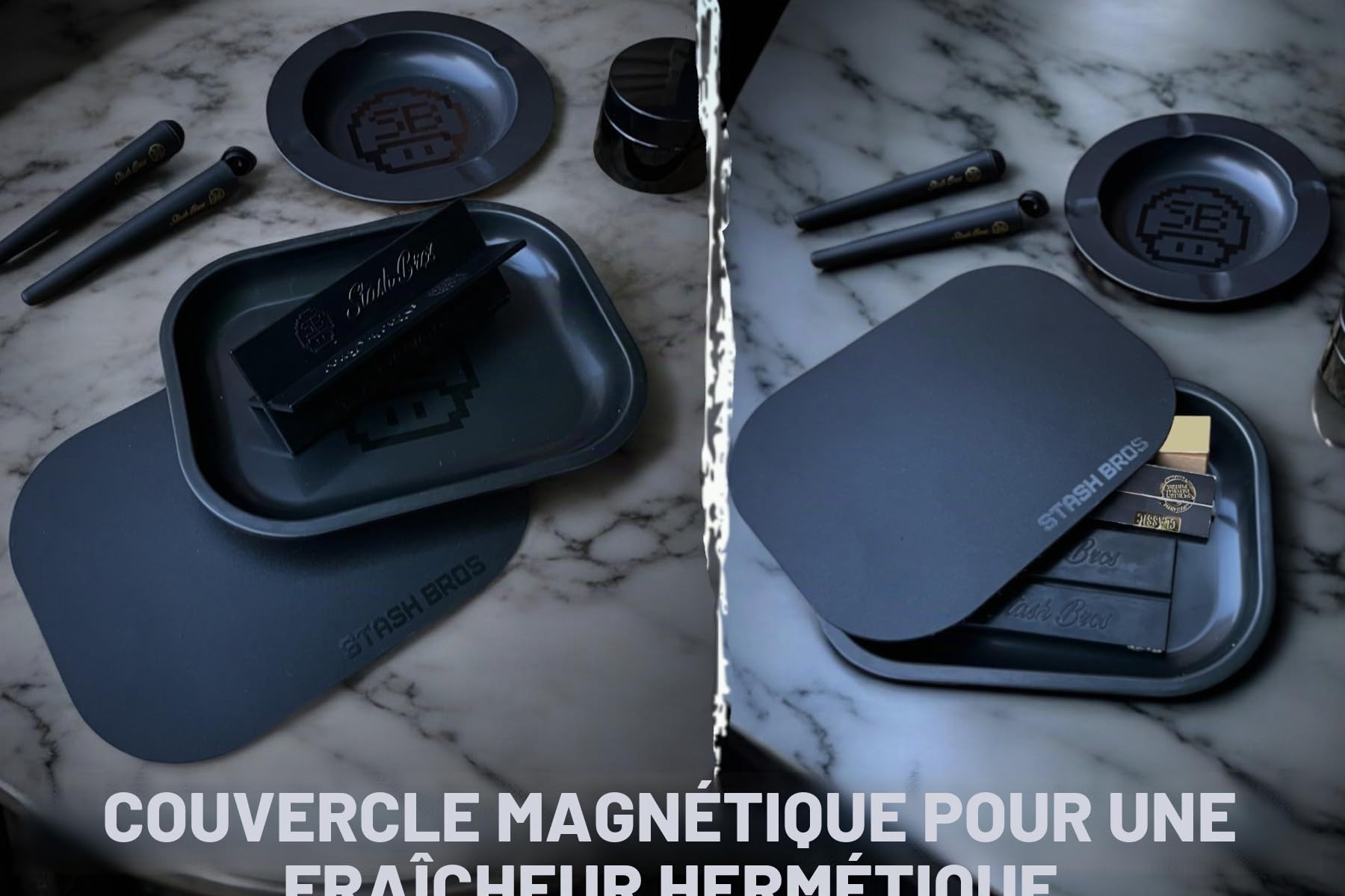 Stash Bros Plateau à rouler avec couvercle magnétique, kit de roulement avec support en V, plateaux à rouler, plateau à rouler