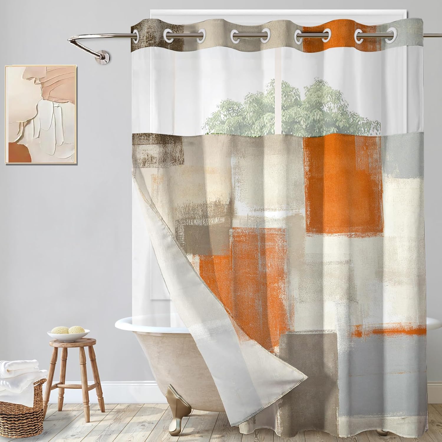 Lnond No Hooks Shower Curtain with Snap in Liner, Orange Grey Abstract Hookless Shower Curtain for Bathroom, Machine Washable, 71" (W) X 74" (H)