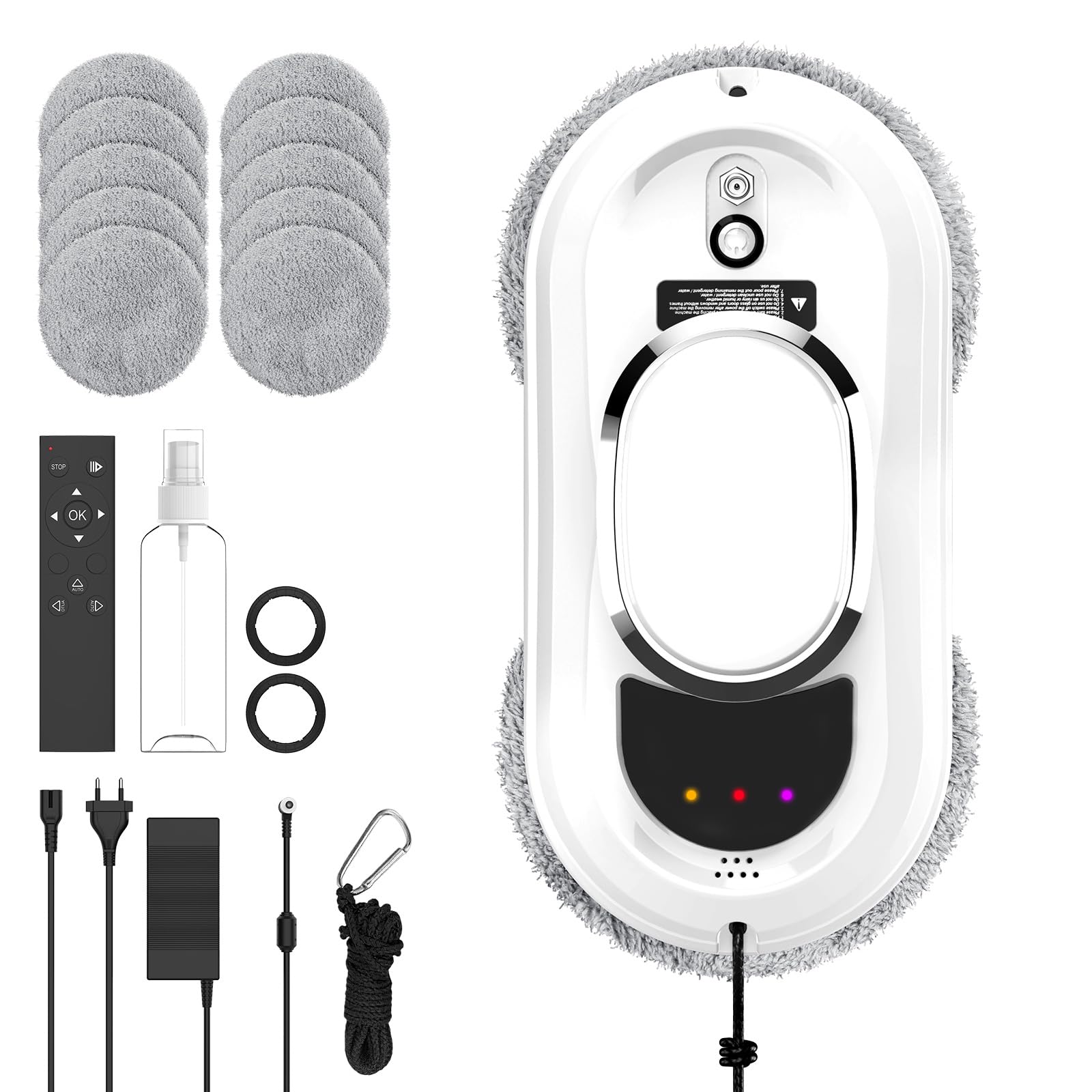 Robot Limpiacristales 5600Pa, Robot Limpia Cristales Ventanas con 3 Modos de Limpieza, Sistema de Seguridad, Detección Inteligente de Bordes, Control Remoto y 10 piezas de tela, para Superficies Lisas