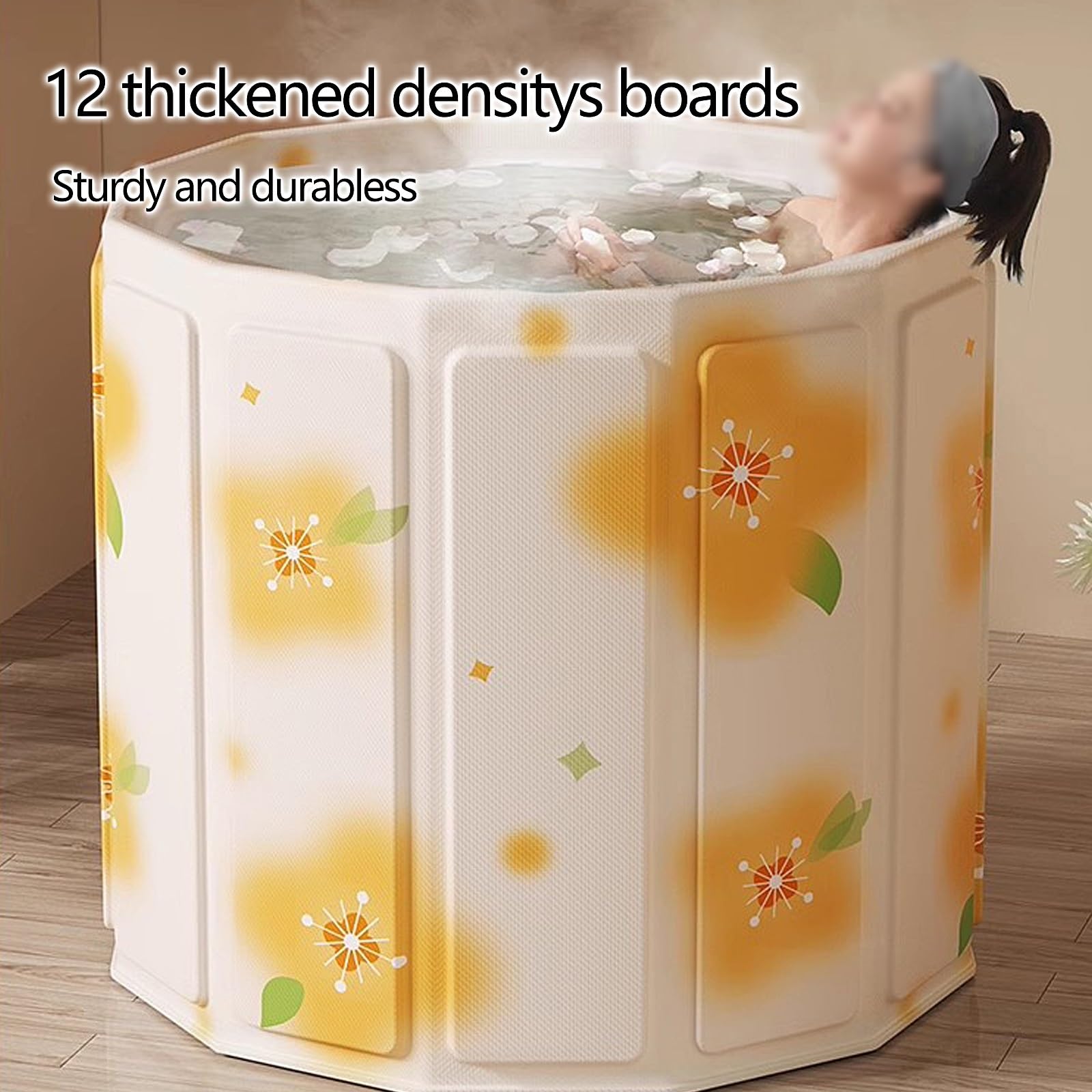 Bañera Plegable Adulto para Ducha con 2 Salidas de Drenaje Bañera Portatil Adulto Bañera Exterior con Funda, Cojín Relleno de Agua, Varilla Calefactora(Yellow,80 * 65cm)