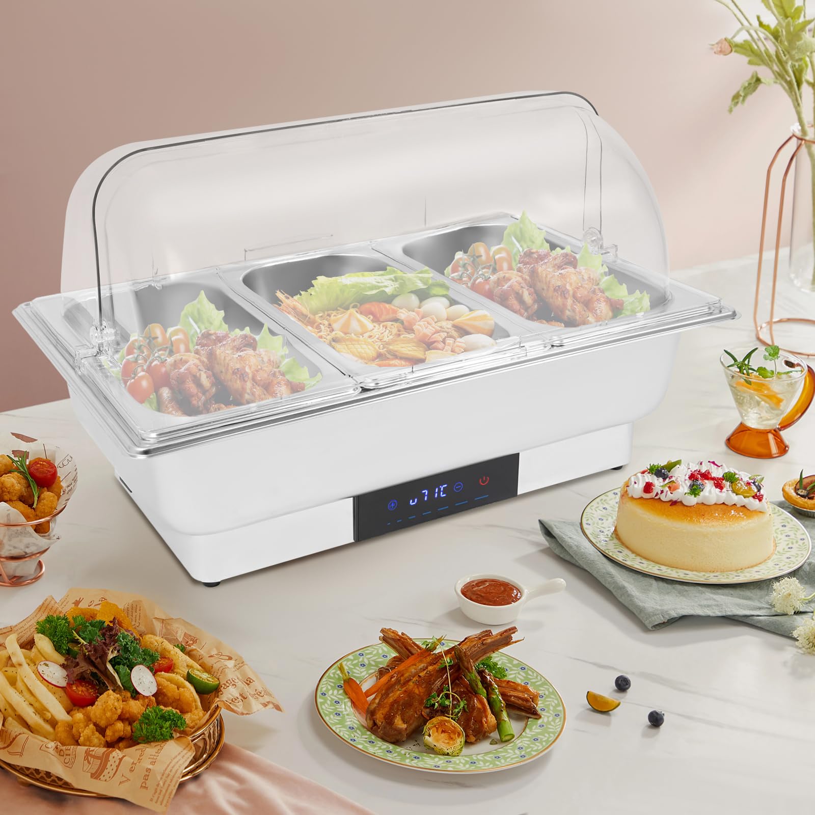 Chafing Dish - Scaldalibi elettrico, 9 l, 600 W, in acciaio inox, per buffet, con controllo della temperatura, trasparente, per buffet catering party (3 scomparti)