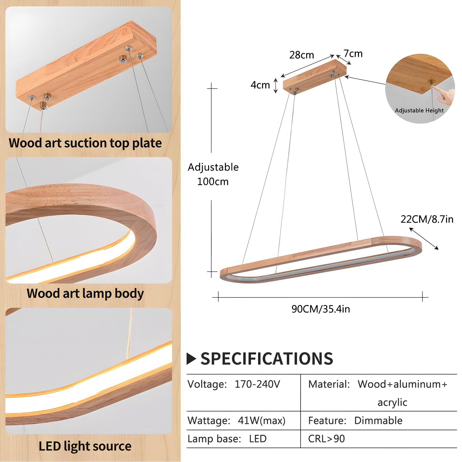 WayLuoung Led-kroonluchters van hout, plafondlamp, 3 ringen, dimbaar, ronde hanglamp, verstelbaar, keukeneiland, eetkamer, woonkamer, hal, 40 60 80 cm
