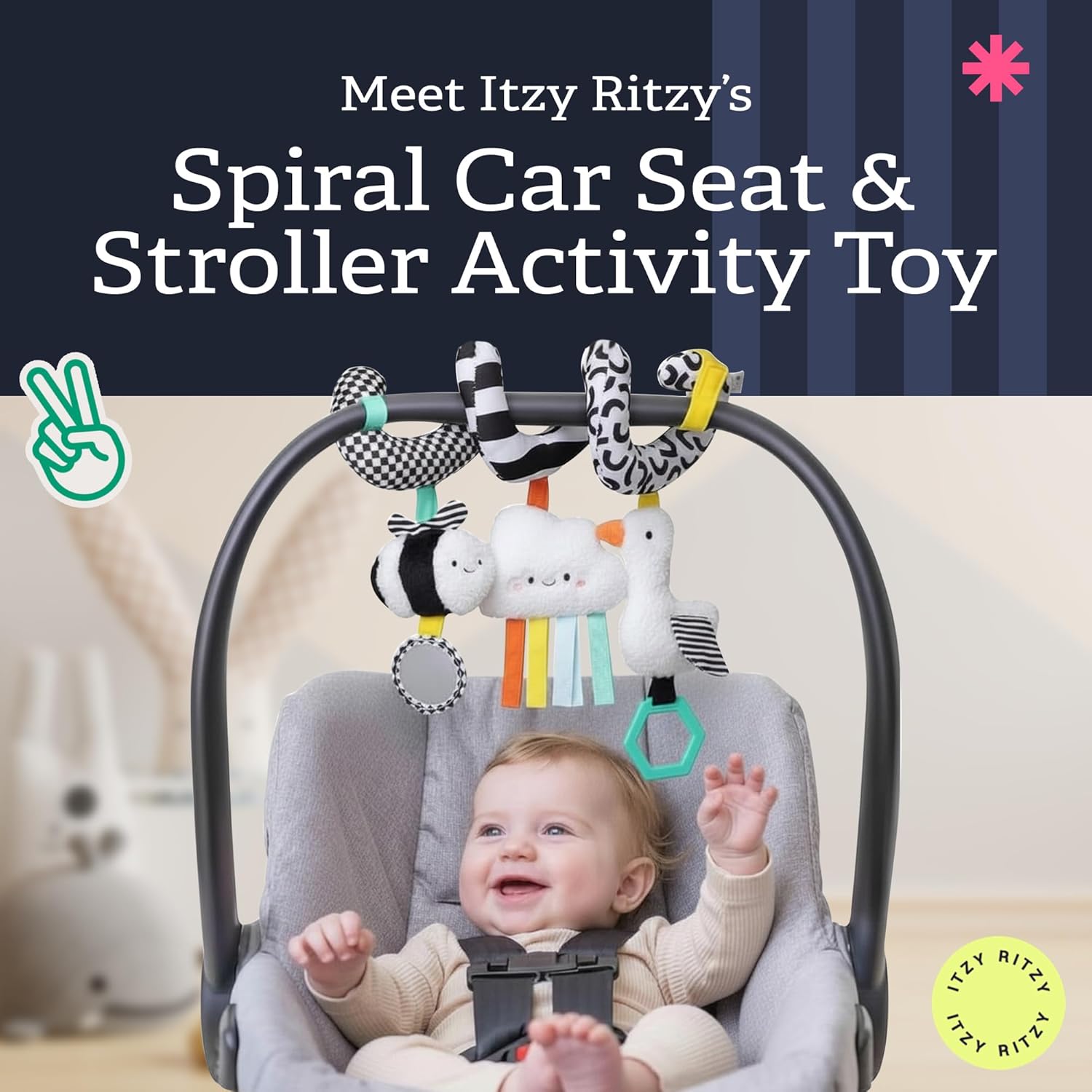 Itzy Ritzy Spiral Car Seat & Stroller Activity Toy - Stroller & Car Seat Toys for Ages 0 Months and Up - Hanging Toys Include Dangling Ring, Mirror and Textured Ribbons (High Contrast)