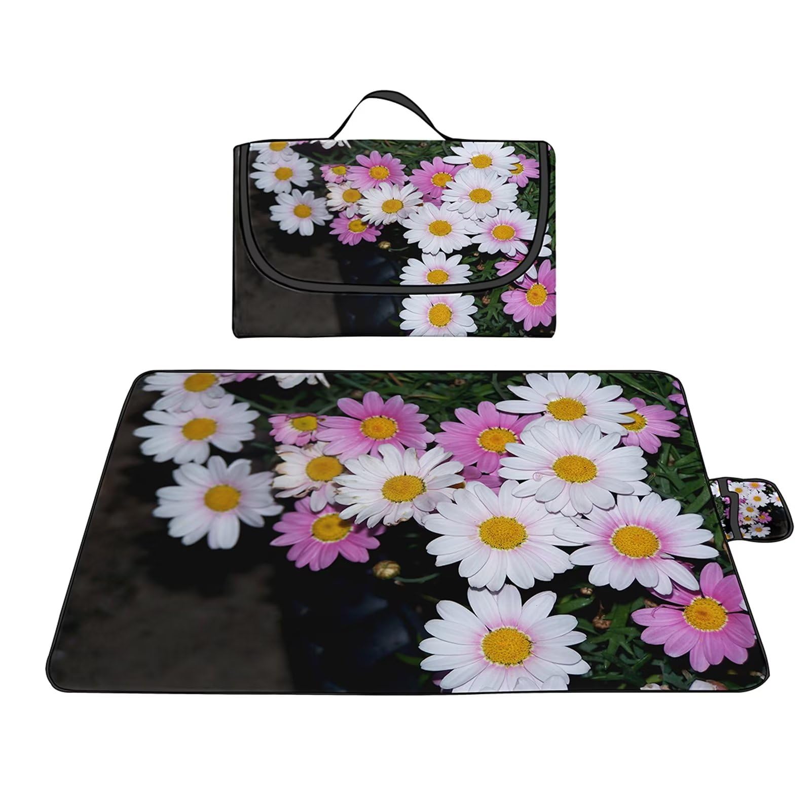 Manta Picnic Impermeable 150x150cm,Lavable Picnic Blanket,Ultrasónica Mantel Picnic,con Mango Multifunción para Acampar Playa Parque de Senderismo,Margarita Rosa Blanca