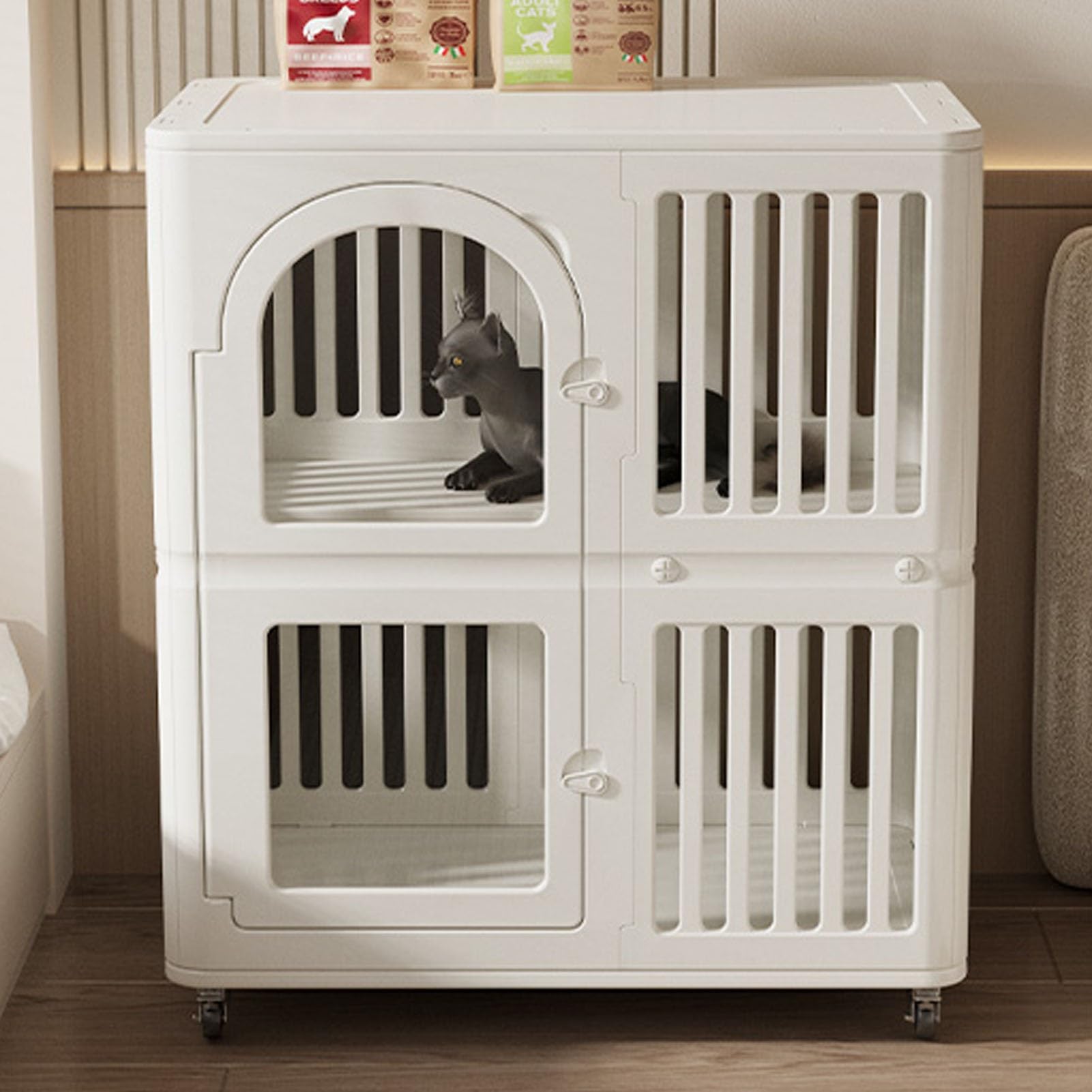 Box per animali domestici a due strati con lettiera e ruote per uso interno