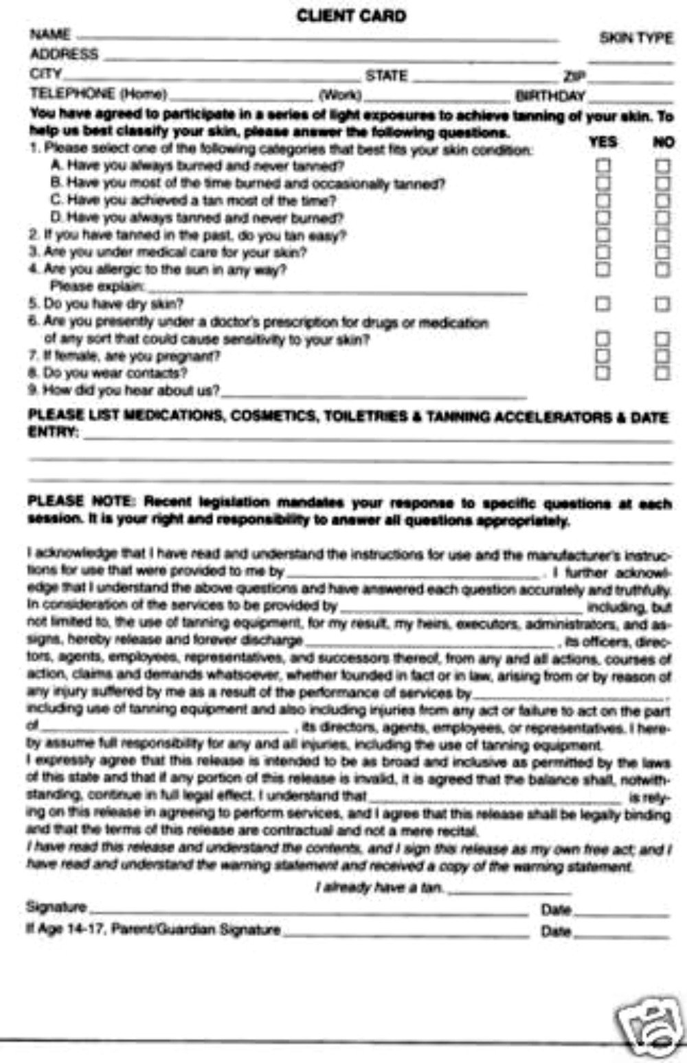 Tanning Client Cards Two Sided 8.5" x 5.5" 100 Page Book