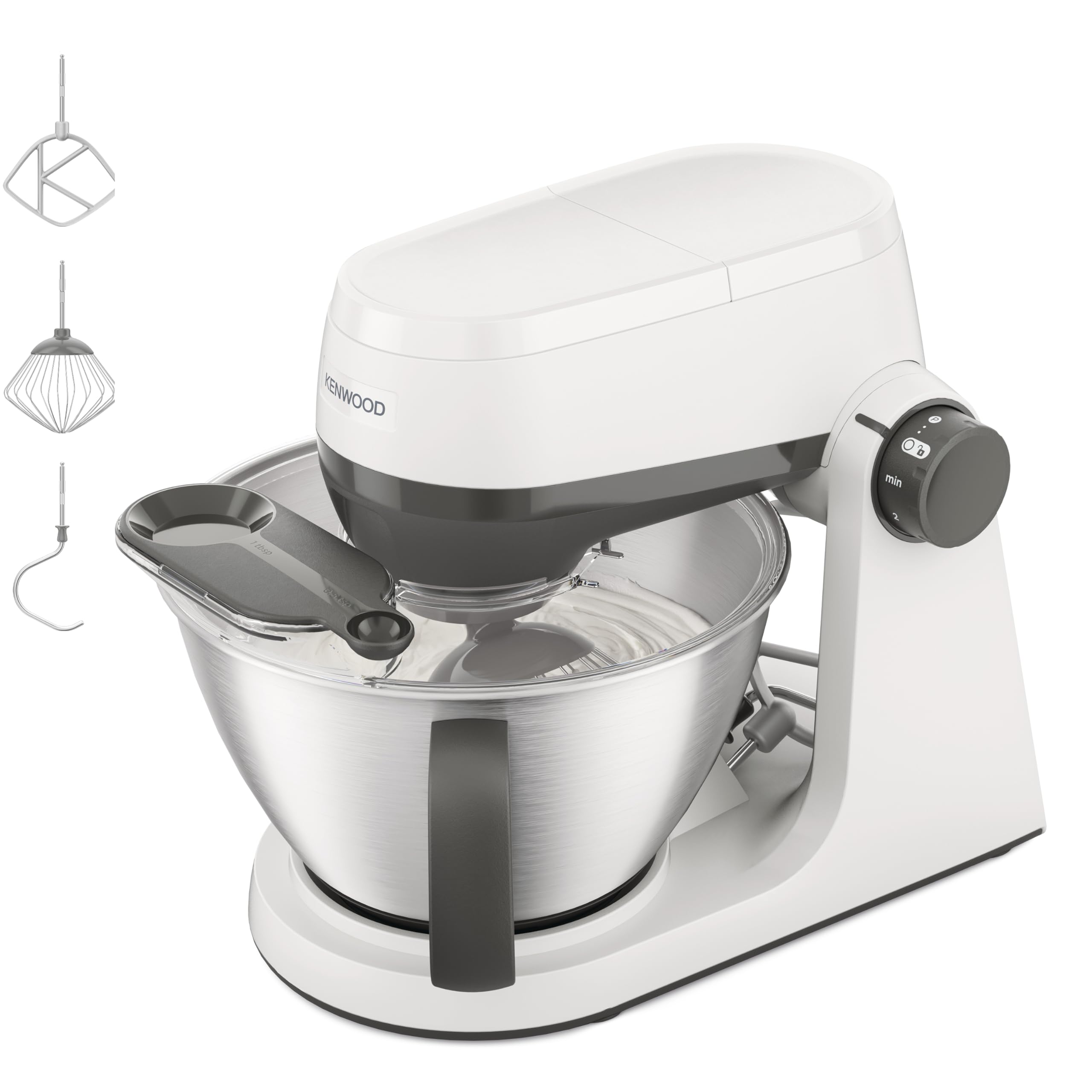 Kenwood Multi Tasker – Impastatrice Planetaria con Testa Sollevabile, Ciotola 4,3L, Capacità 1,7 kg Impasto, con accessorio Frullatore, Attacco Accessori e Paraschizzi, Bianca (KHC30.000WH)