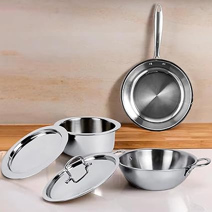 USHA SHRIRAM Triply Stainless Steel Kadai (1.6 L) with Frying Pan (1.2 L) & Tope with Lid (1.5L) | Stainless Steel Cookware Set | Stove and Induction Friendly | Easy Grip Handle | Combo Set (Large)