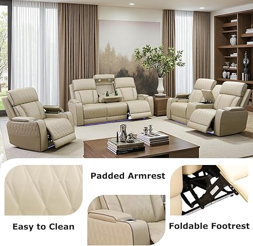 Miniatura 6 de Juego de sofá reclinable eléctrico con mesa desplegable, sofá seccional reclinable de cuero de 3 piezas, sillones seccionales, juegos de muebles de