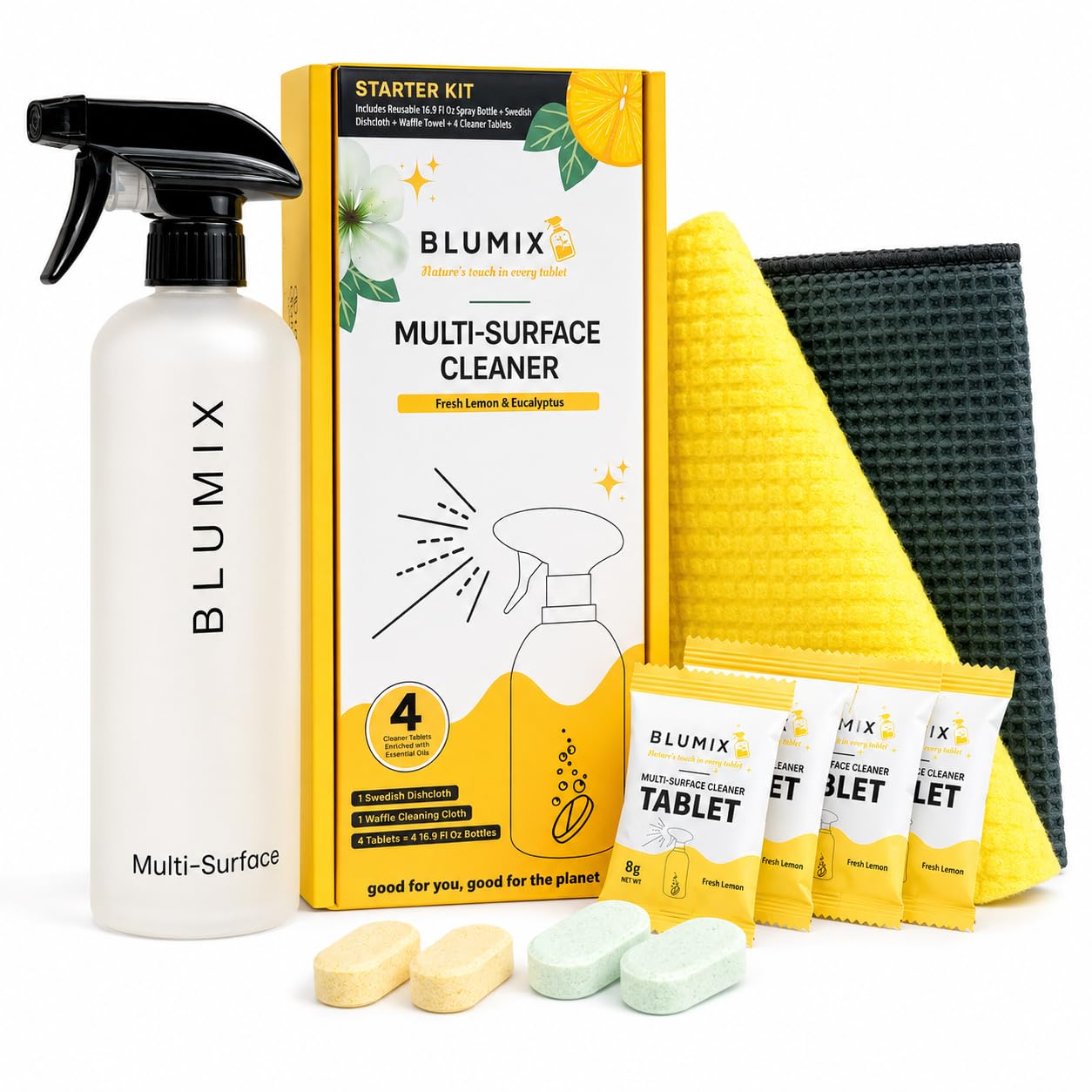 Kit de limpieza multisuperficie: incluye 4 tabletas limpiadoras, botella de spray de 16.9 onzas, paño de cocina sueco y paño de tejido de gofre, solución de limpieza multiusos, aceites