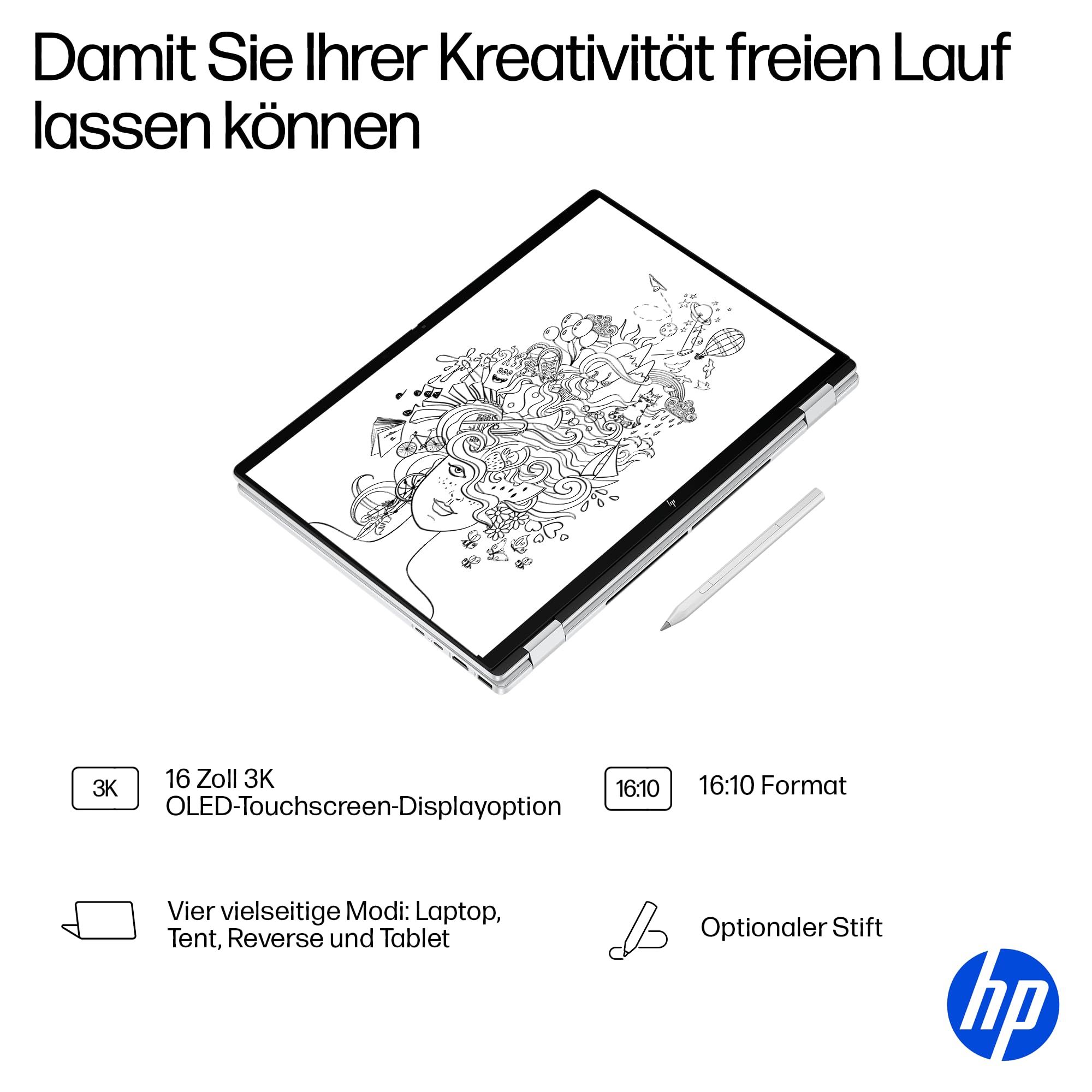 HP OmniBook X Flip 2-in-1 Laptop 16" 2K Touchscreen Intel Core Ultra 5 16GB RAM 1TB Win11 Silber