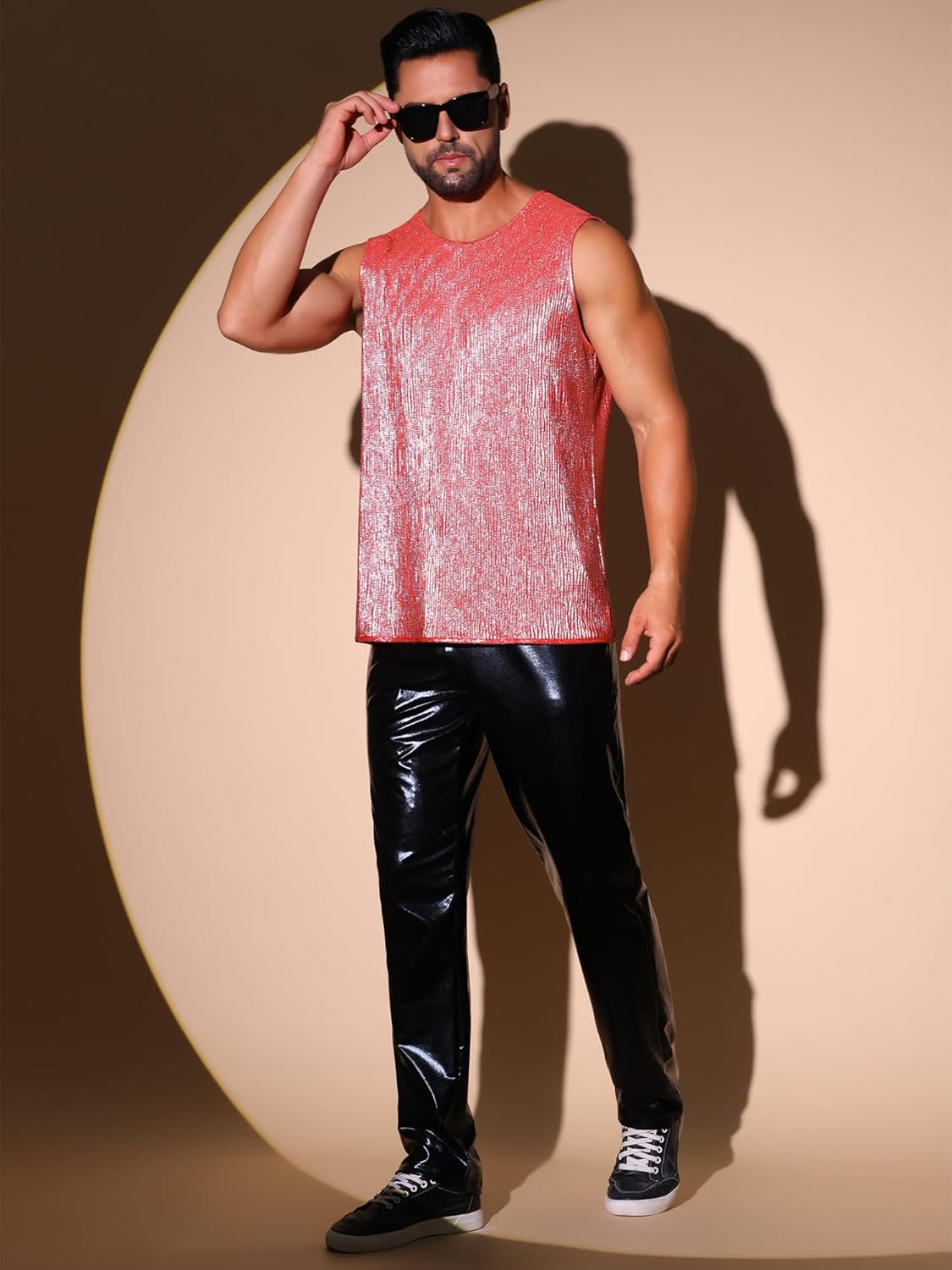 Lars Amadeus Metallic Tank Top for Men's Holographic Disco Party Shiny Sleeveless Shirts - Image 4