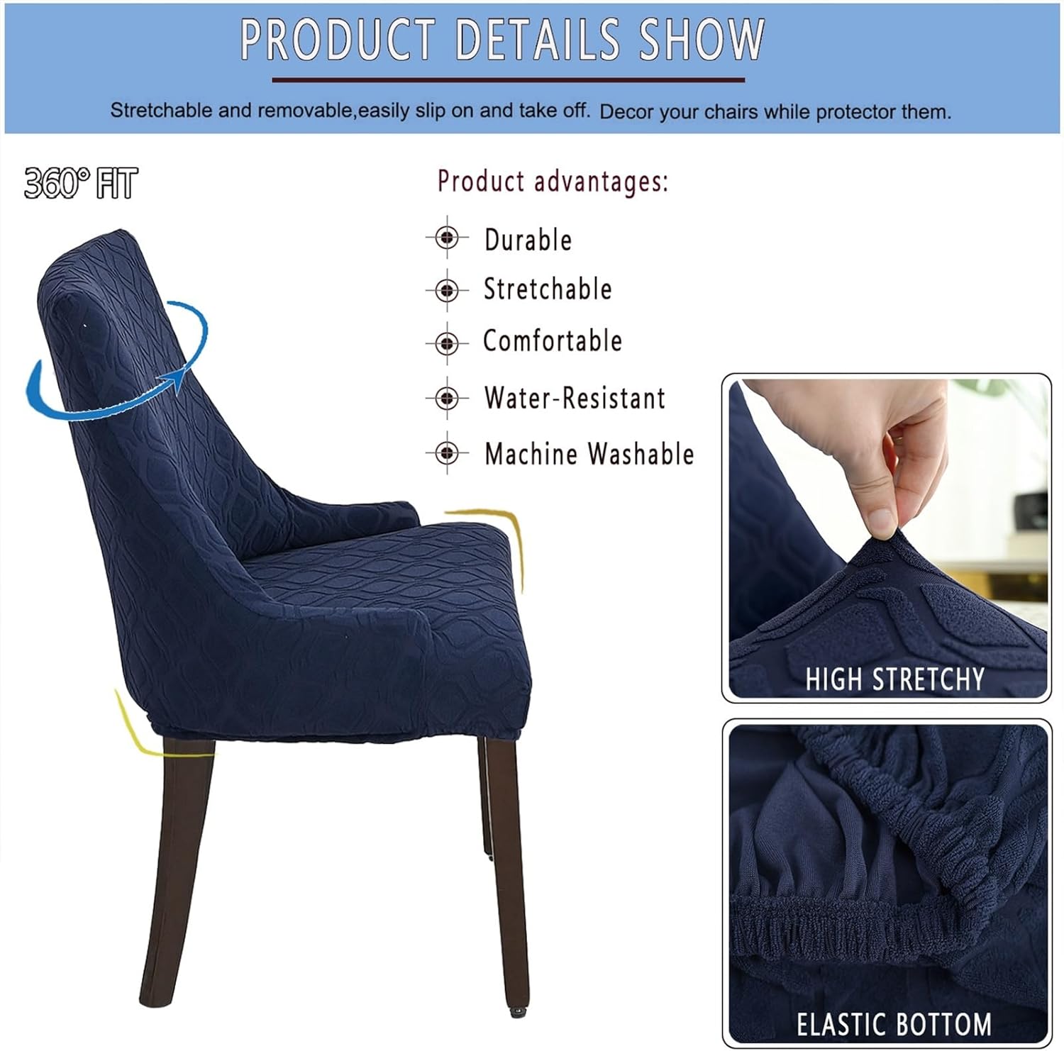 Wingback Side Chair Cover Stretch Dining Accent Chair Covers Slipcovers with Arm Reusable Printed Sloping Arm Chair Accent Chair Protector Seat Covers for Dining Room Banquet Decor (A-Navy, 4PCS)