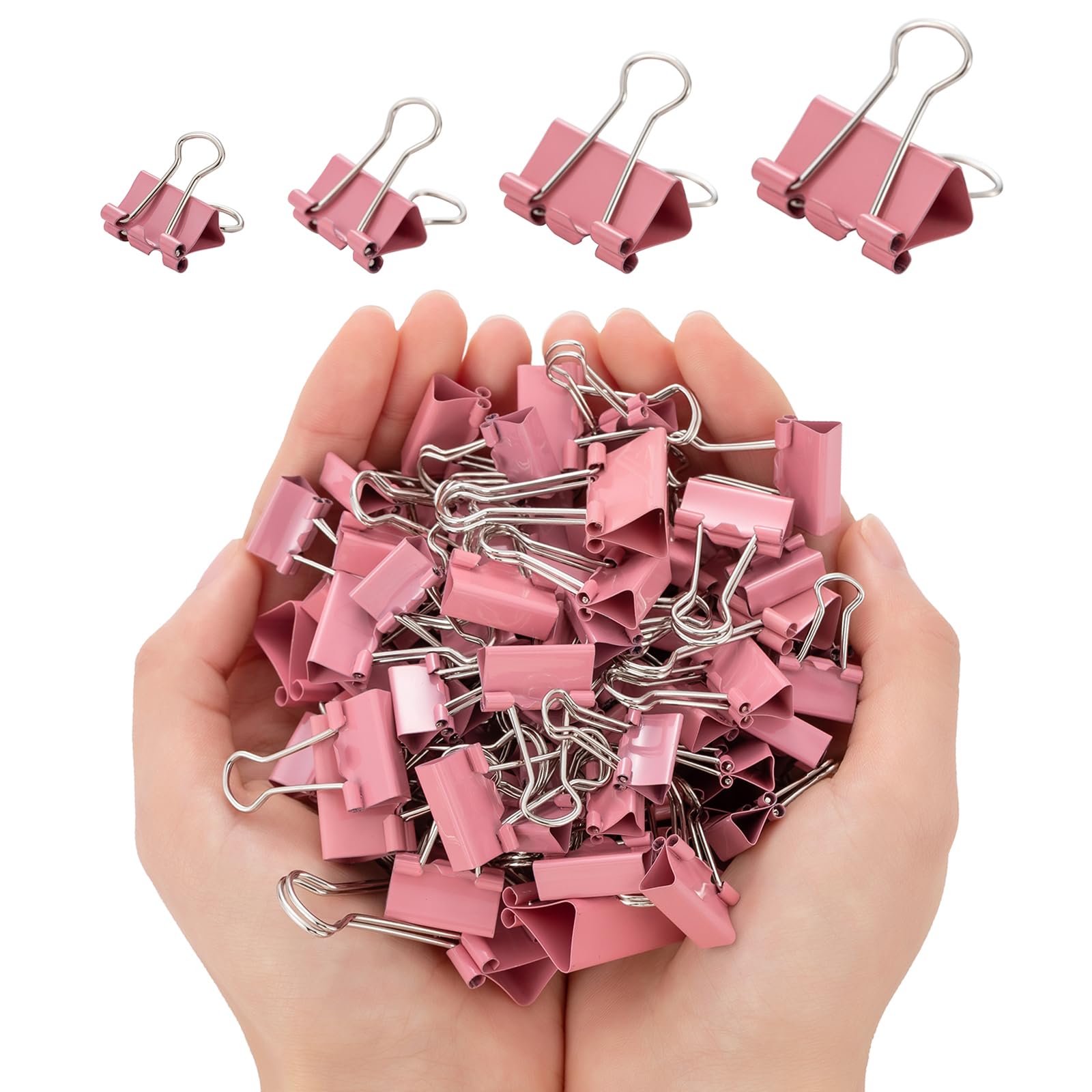 Büroklammern, verschiedene Größen (Mini, klein, mittel, groß), 100 Stück Clips für Büro, Schulbedarf (Rosa)