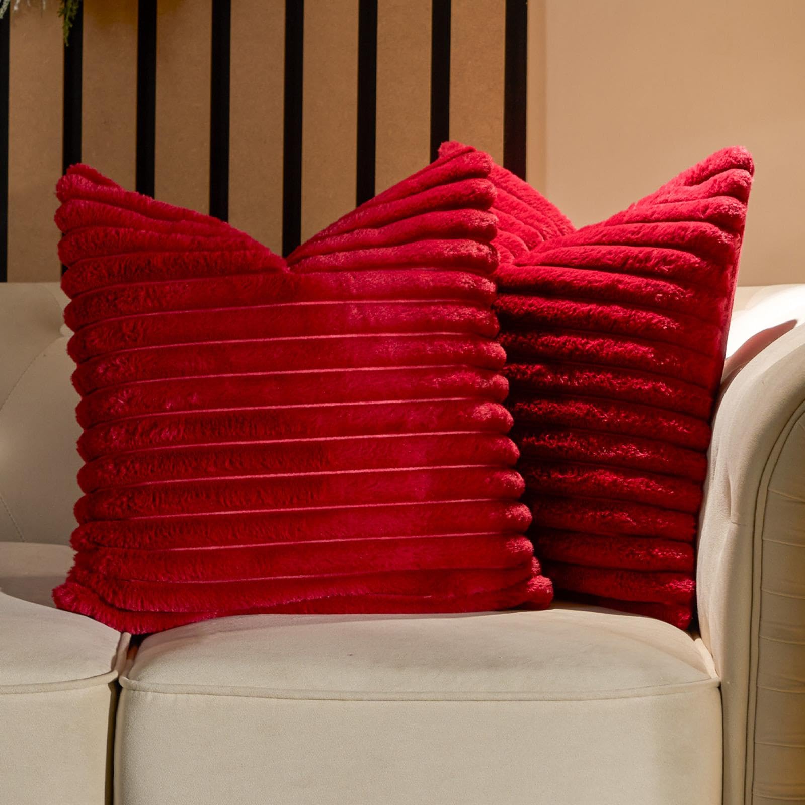 Ohs Red Covers For Cushions Ribbed Faux Fur, Sofa Seat Chair Cushions Living Room Lounger Cushion Cover Smooth Soft Comfy Home Decor, Pack Of 2